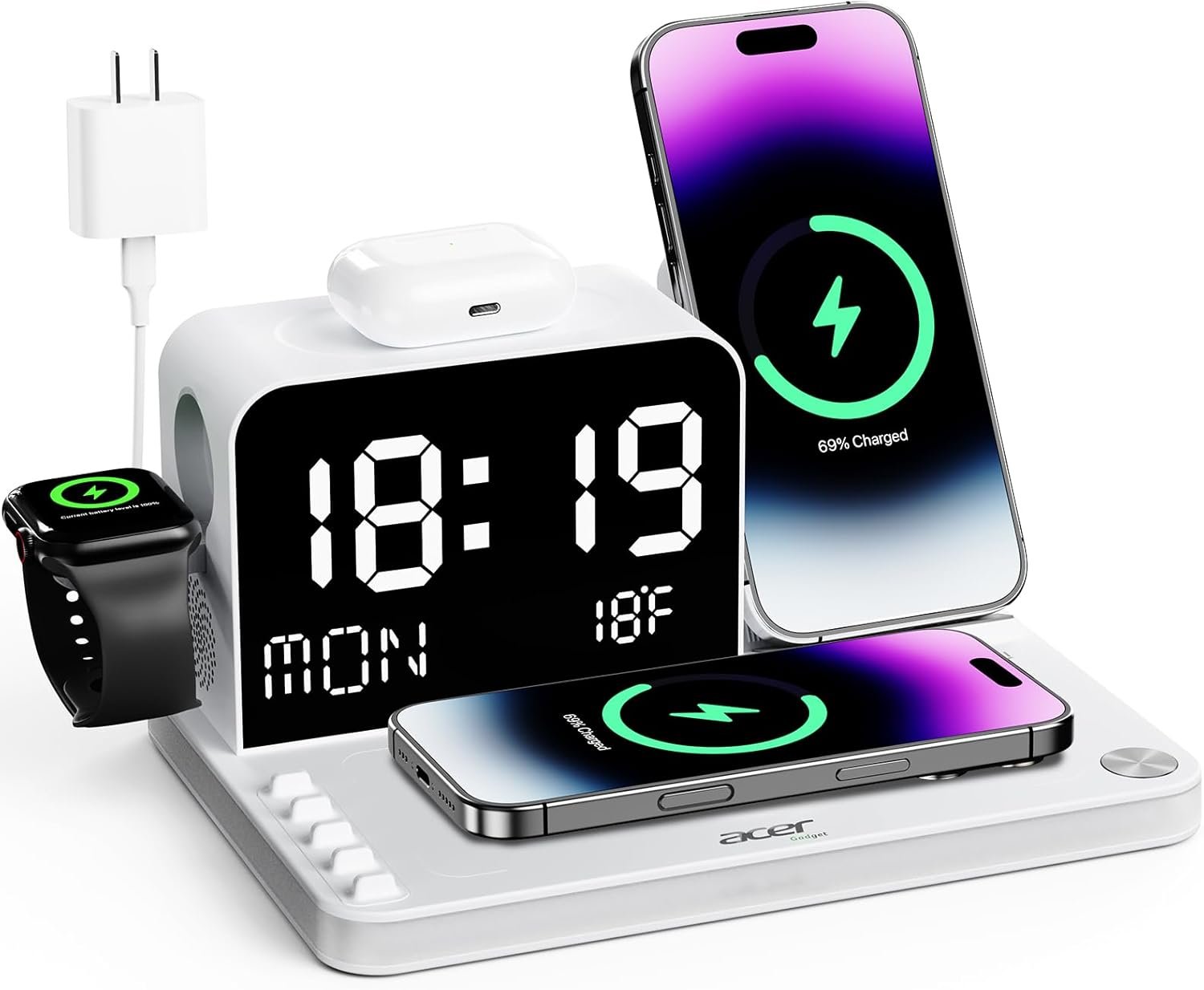 Acer 7-in-1 Wireless Charging Station with LED Clock – 30W Fast Wireless Charger for iPhone 16/15/14/13/12/Pro Max, Apple Watch, AirPods – Bluetooth Auto Time Sync & Night Lights (White)