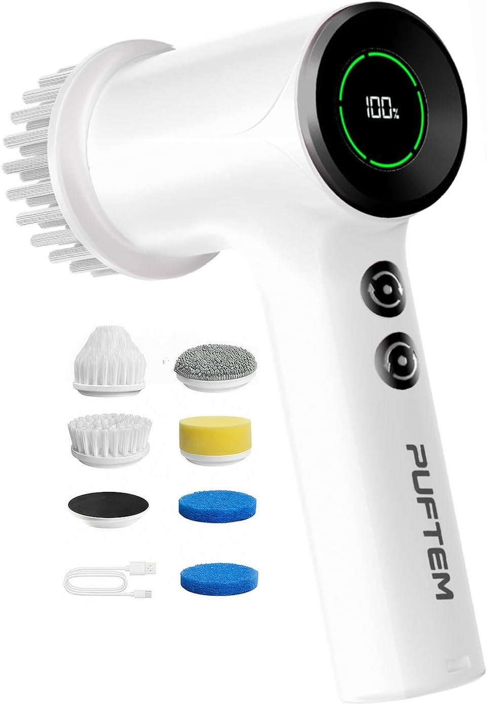 PUFTEM Upgraded Electric Spin Scrubber, Powerful Cordless Shower Scrubber with 4500mAh Large Battery & Speed Display, 6 Replaceable Brush Heads, Cleaning Brush for Bathroom Tile Tub Floor (White)