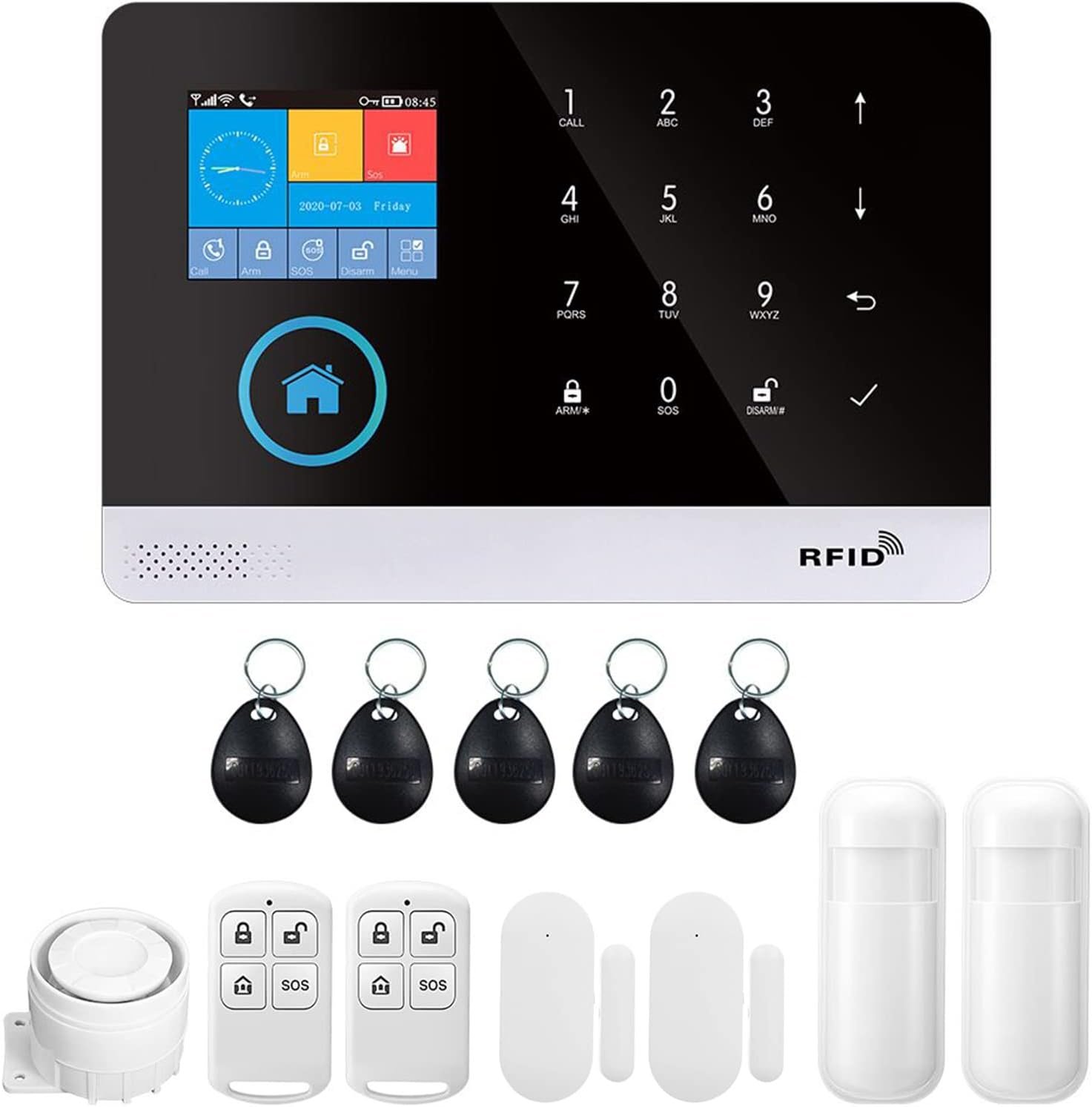 WiFi GSM Home Alarm Security System, 2.4in LCD Wireless DIY Smart Home Burglar Security Alarm System 10 Piece Kit, Compatible with Alexa Google Home Voice Control