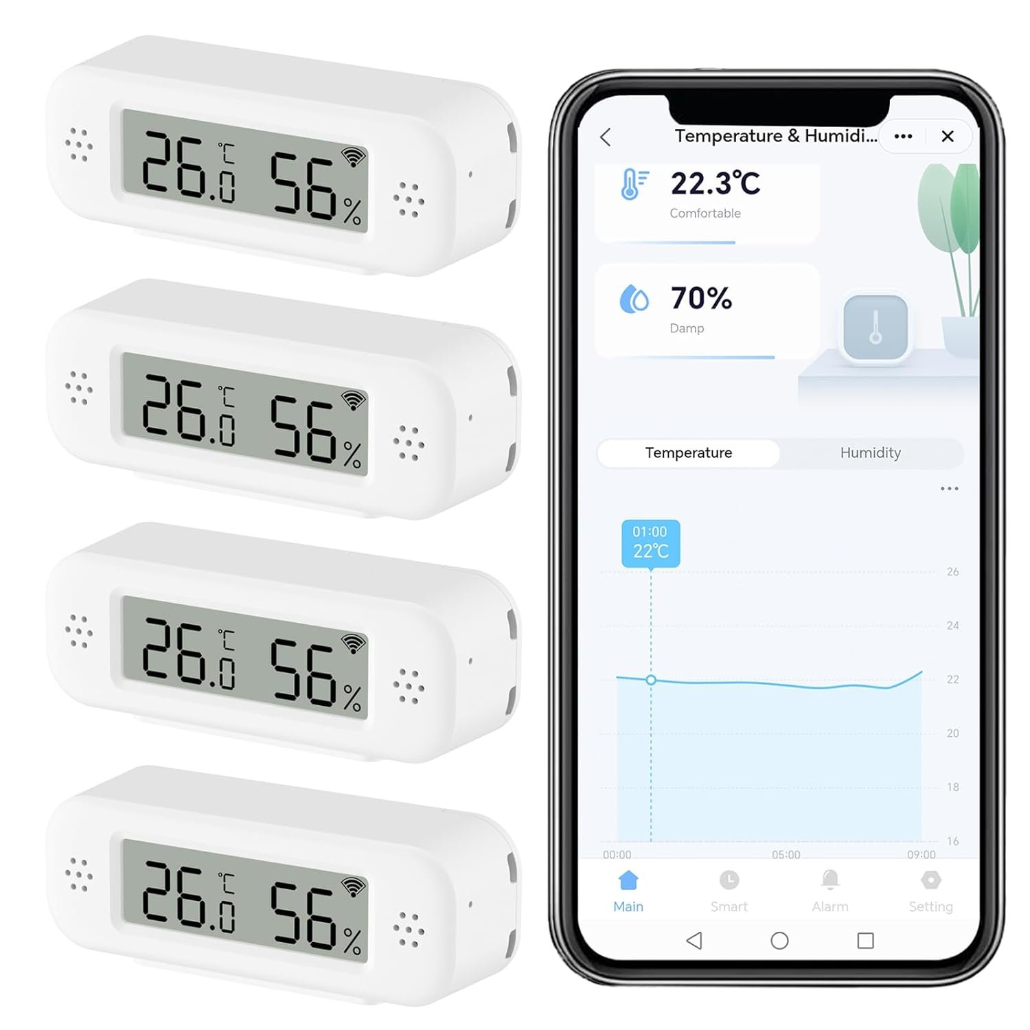 Smart Digital Thermometer Hygrometer, WiFi Indoor Temperature Humidity Sensor with App Alerts, Mini Room Temperature Meter with Data Storage and Export, Compatible with Alexa. 4PCS