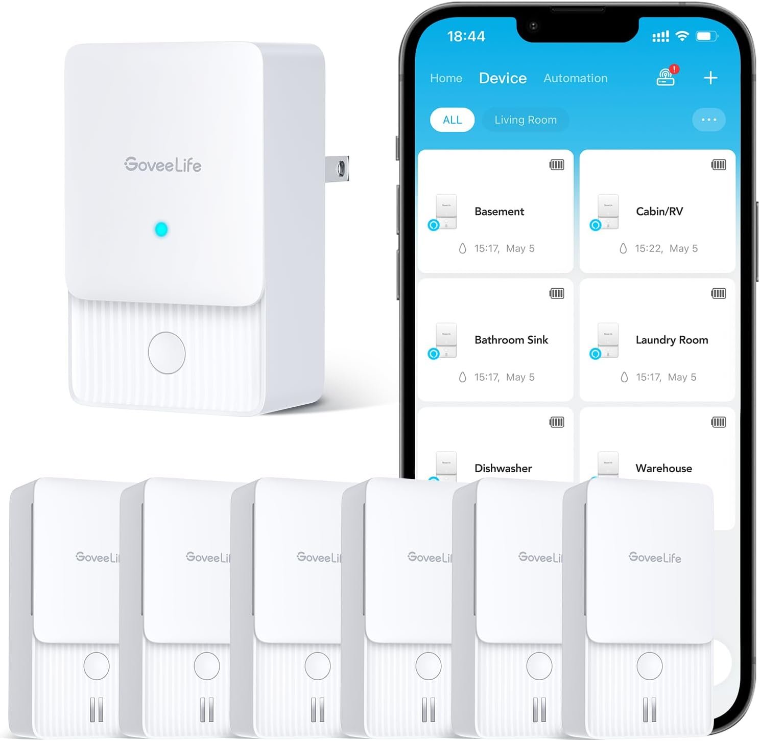 GoveeLife Premium Smart Water Leak Detector 2 with 1968ft Ultra-Long Range, WiFi Water Sensor with SMS/Email/APP Push and Sound Alarm, 5-Year Battery Life, Suitable for Home, Basement, Kitchen, 6 Pack