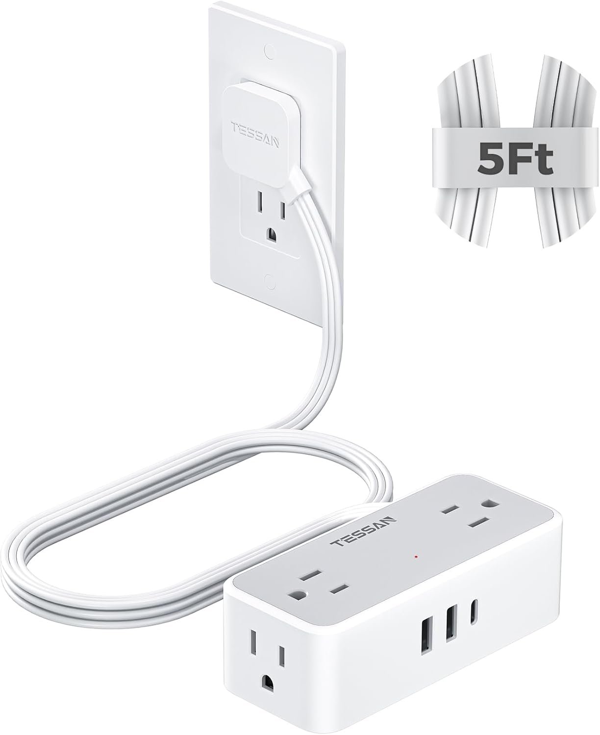 TESSAN Flat Plug Extension Cord 5 FT, Surge Protector Power Strip with 4 AC Outlets 1 USB C and 2 USB A Ports, 900 Joules Protection, Multiple Wall Outlet Extender Suitable for Office Dorm, Grey