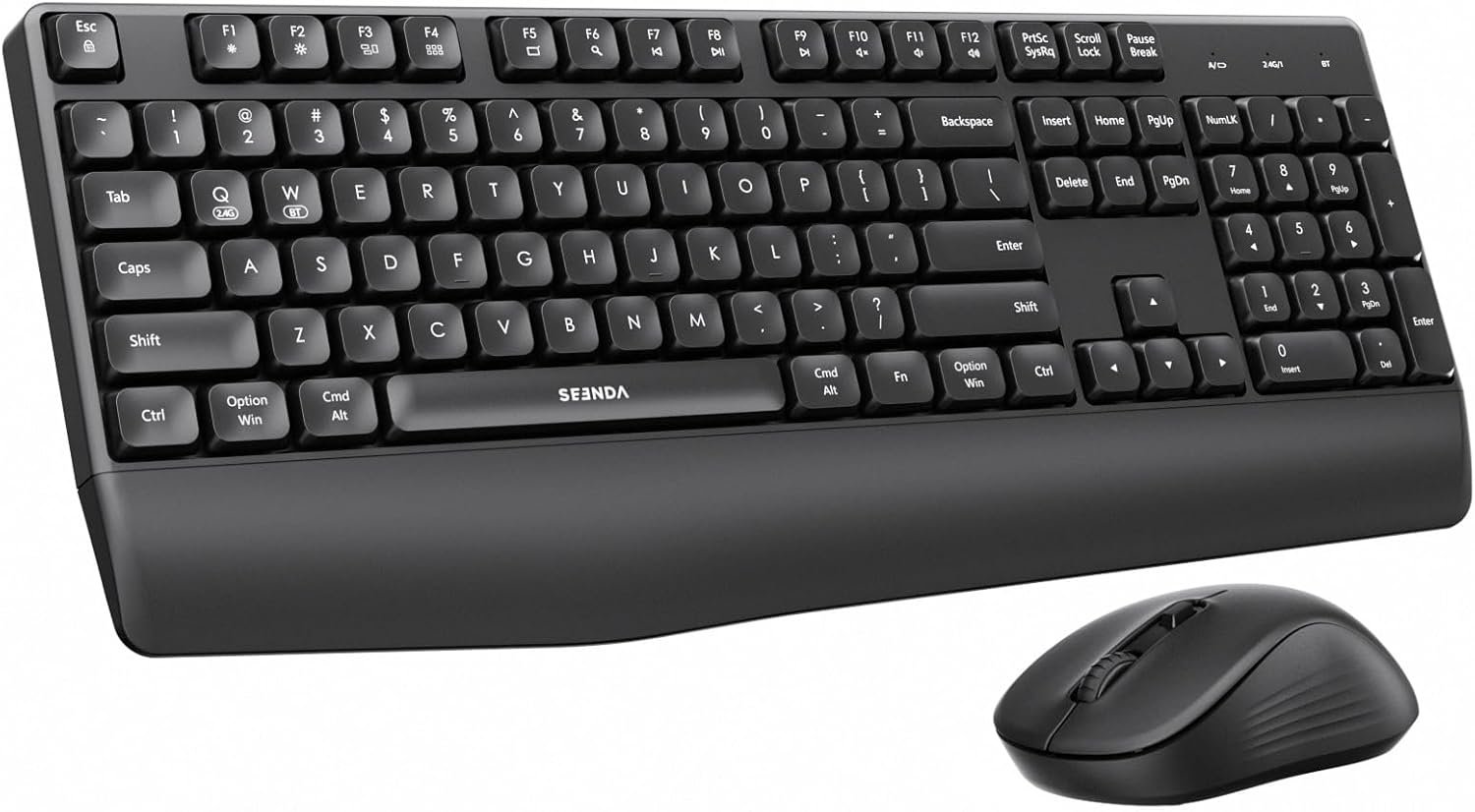 seenda Wireless Bluetooth Keyboard Mouse Combo, COE200 Ergonomic Keyboard with Wrist Rest, Silent Mouse, Multi-Device Connection, Full-Size Compatible for Windows PC Laptop Mac MacBook, Black
