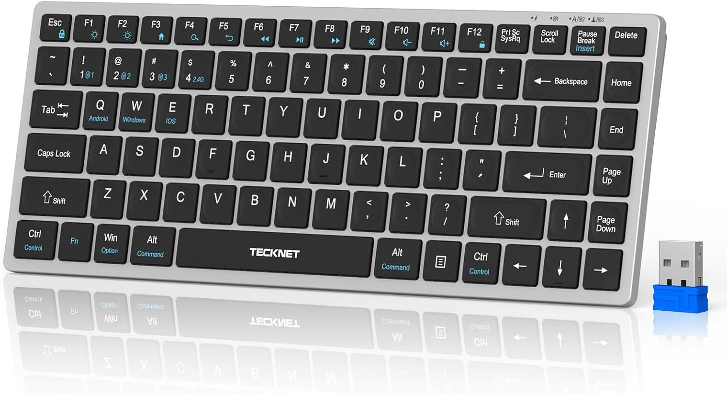 TECKNET Bluetooth Keyboard Rechargeable, 4-Device (2.4G+3BT) Wireless Keyboard, Ultra-Slim Quiet Typing, 14 Hotkeys Computer Keyboard for PC/Laptop/Smart TV/Tablet/iPad