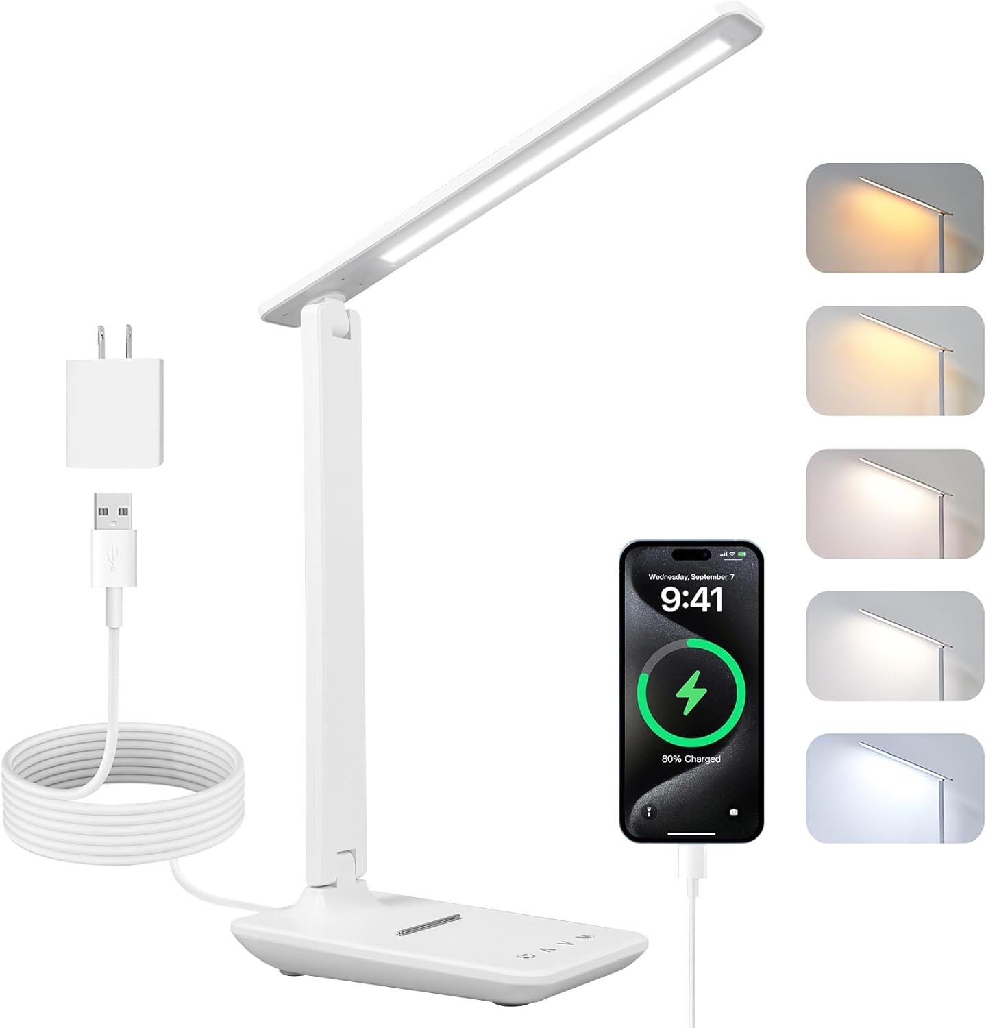 Carehabi LED Desk Lamp, Dimmable Table Lamp with 5 Colors and 5 Brightness Levels, Reading Light with USB Charging Port, Touch Control for Children, Bedroom, Reading, Offices