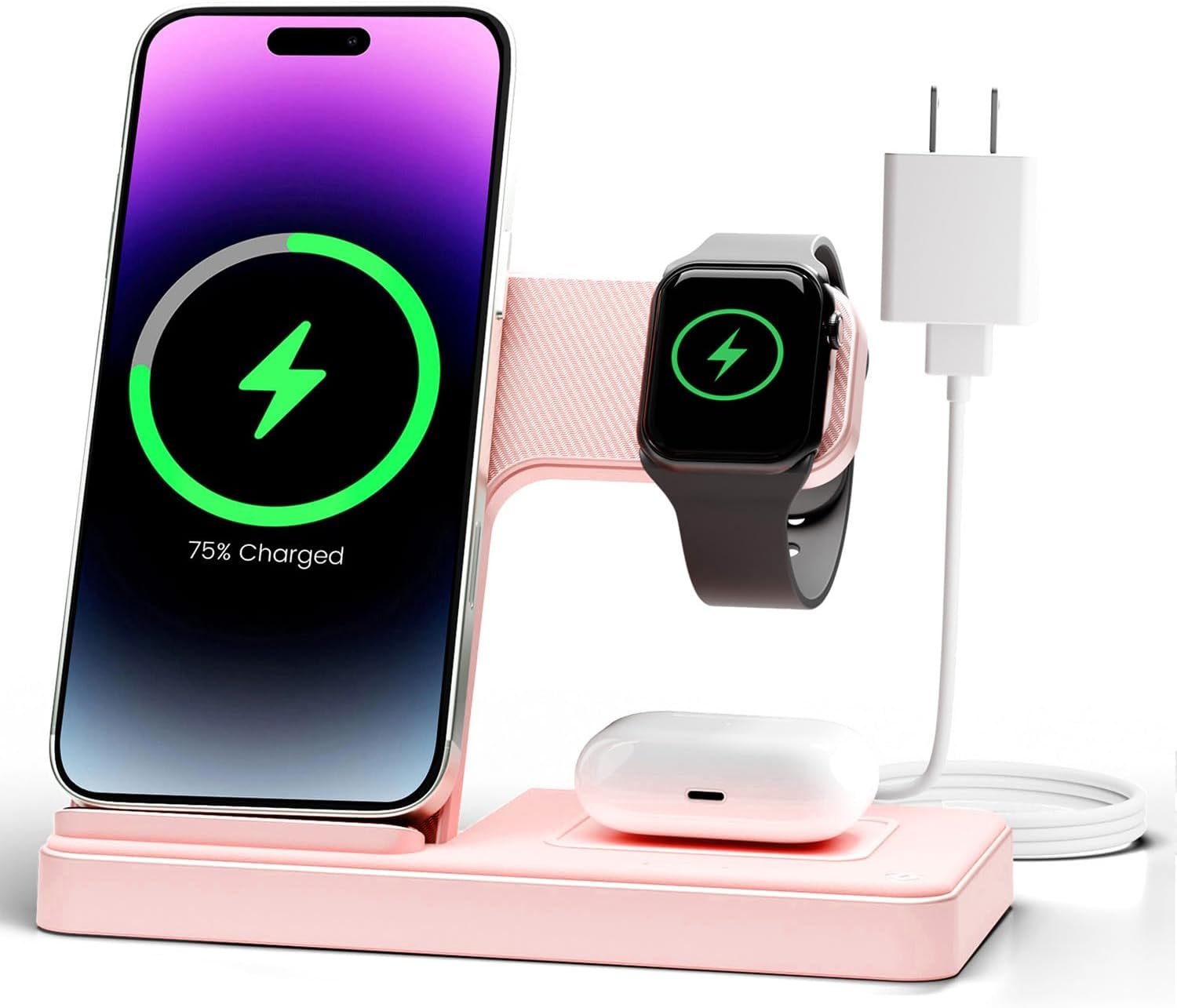 Wireless Charger Stand Charging Station: 3 in 1 Charger Stand Multiple Devices for Apple – iPhone 17 16e 16 15 14 Pro Max 13 12 – Watch 11 10 9 8 7 6 5 4 3 2 SE and Ultra Series-Airpods 4 3 Pro, Pink