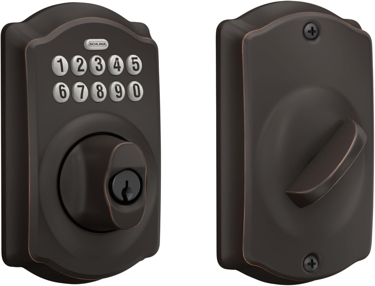 Schlage Camelot Electronic Keypad Deadbolt Lock, Keyless Front Door Entry, Mechanical Key Backup Included, Aged Bronze, BE365 V CAM 716