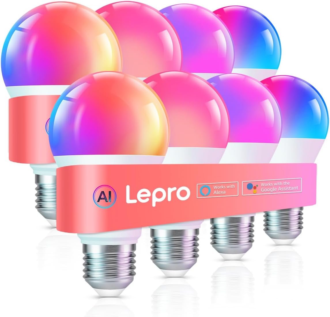 Lepro B1 AI Smart Light Bulbs – WiFi & Bluetooth RGBWW Color Changing LED Bulb Works with Alexa & Google Assistant, Personalized Al Lighting Designer, AI Voice Control, Music Sync, 2.4GHz Only, 8 Pack