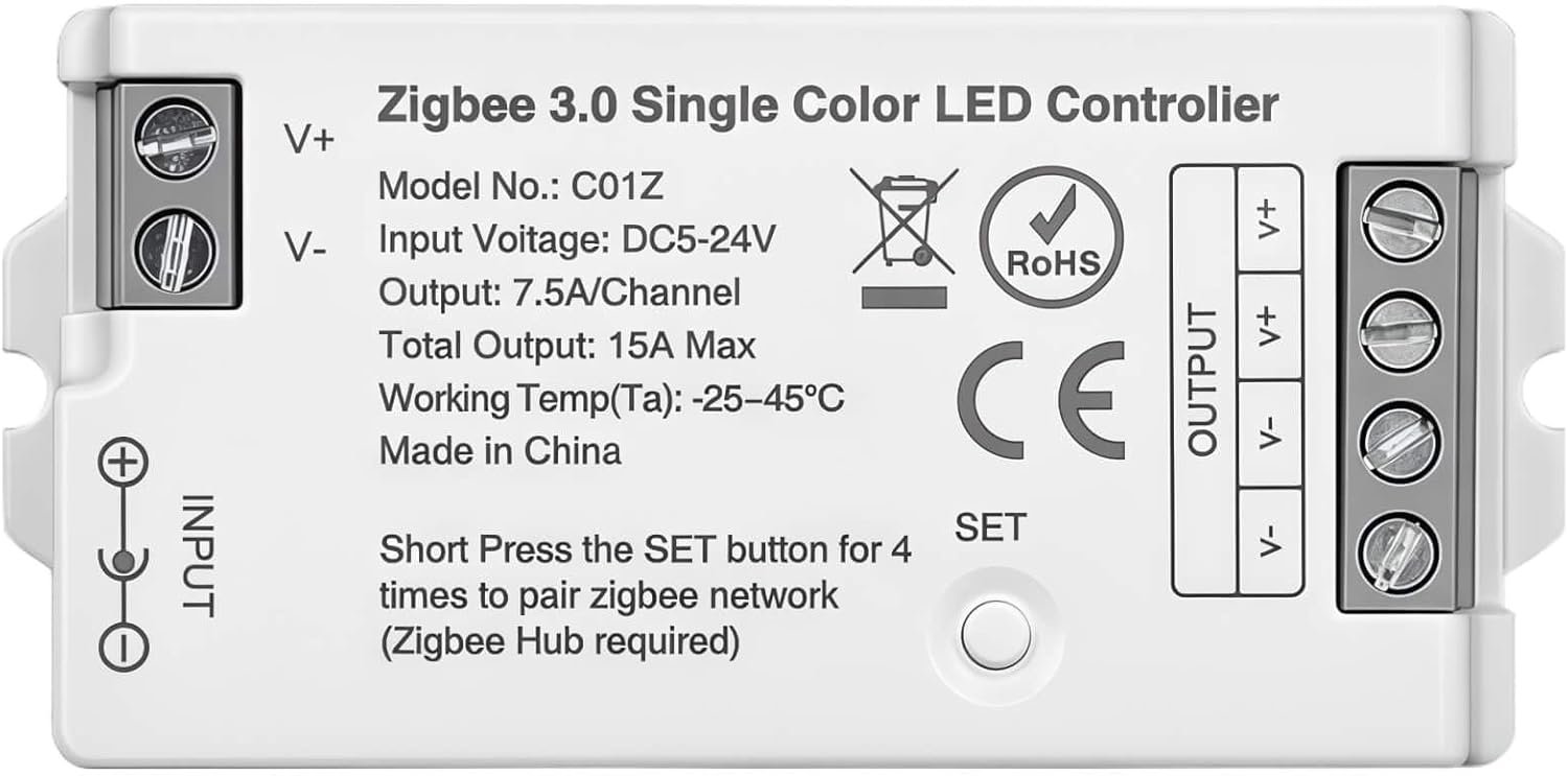 Dimmable Smart ZigBee 3.0 LED controller,compatible with Hub Bridge,Tuya Gateway,Echo Plus for App/Alexa Voice Control Single Color LED Strips DC5V~24V Max 15A(only a ZigBee monochrome controller)