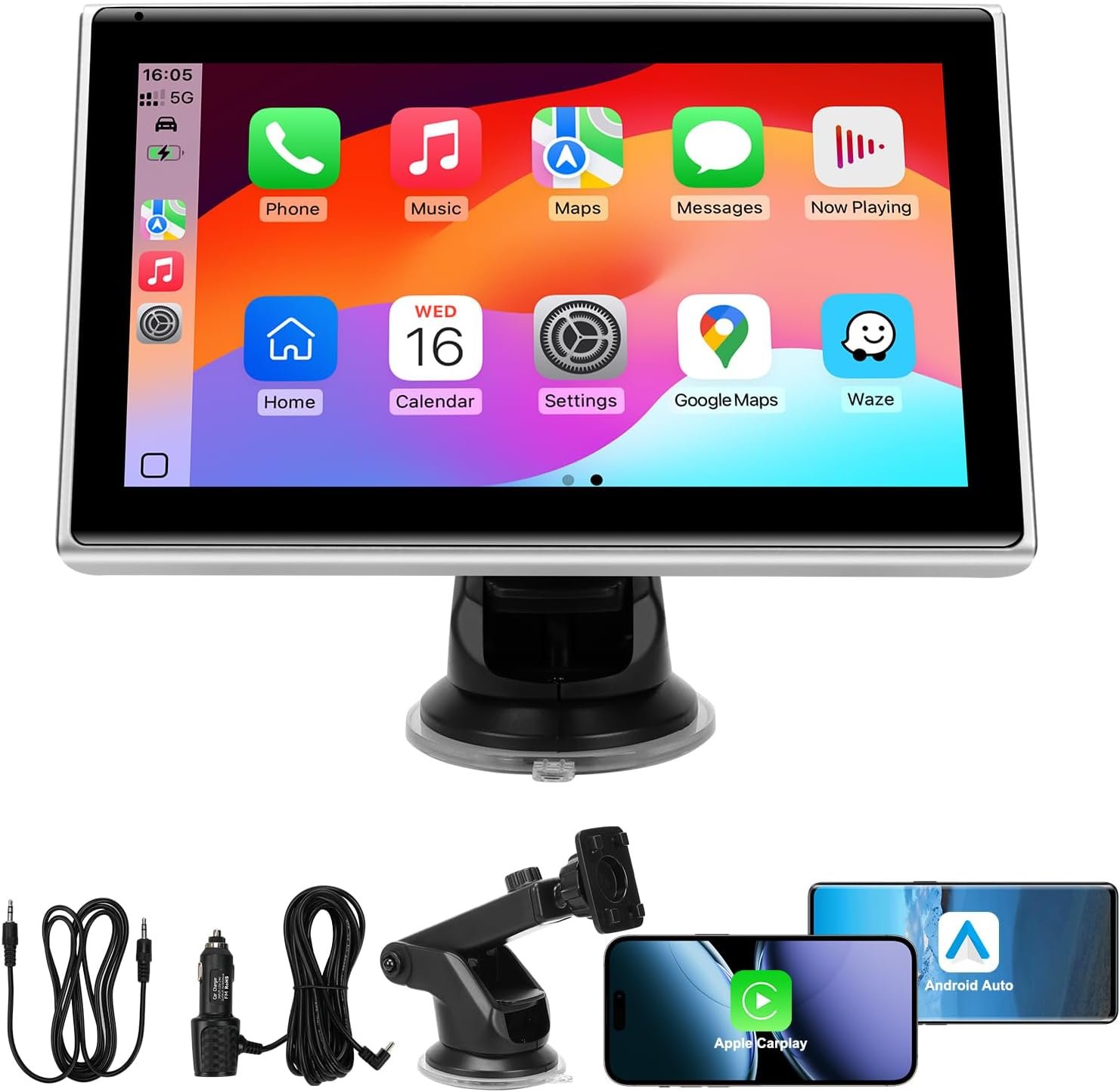 7″ Portable Wireless CarPlay Screen for Car – Apple CarPlay & Android Auto, HD Touch Screen Car Stereo, Bluetooth, GPS Navigation, Voice Control, Plug-and-Play with FM/AUX/Mirror Link (Silver)