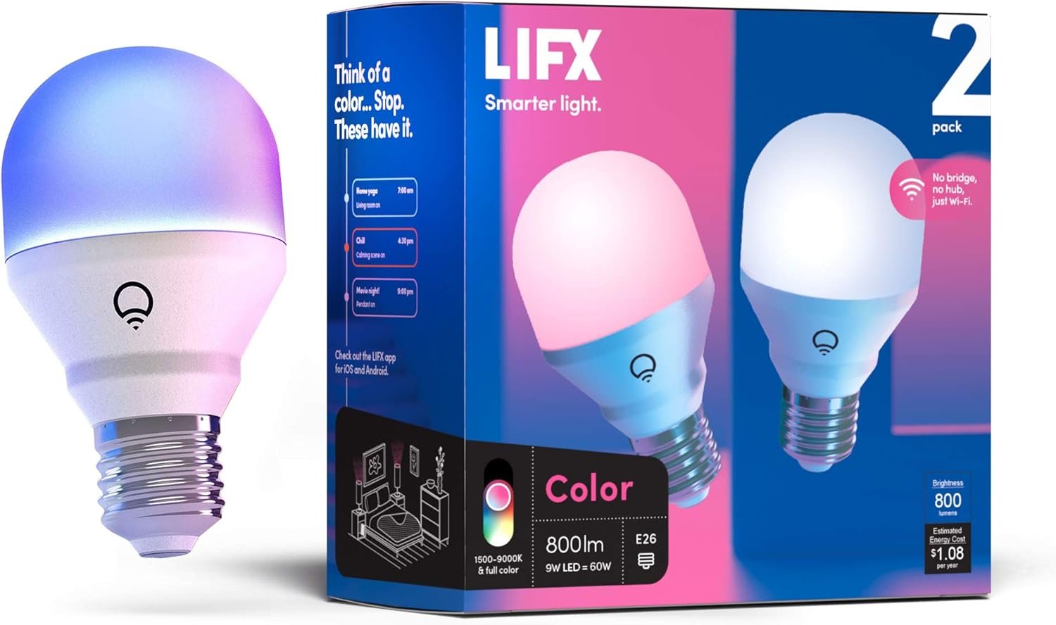 LIFX Color Smart Light Bulbs E26 (2-Pack), Matter Compatible RGB + Tunable White (800 Lumens), WiFi Dimmable Color Changing (2.4GHz), Compatible with Apple HomeKit, Alexa & Google