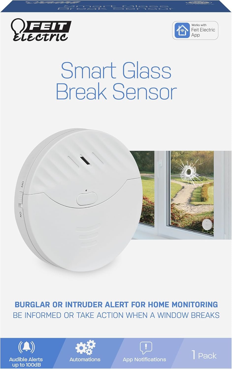 Feit Electric Smart Wi-Fi Glass Break Sensor with Audible Alarm, Wireless, 24/7 Home Security System with Mobile App Notification, Battery Operated, No Hub Required, Indoor Use Only, GLASSBREAK/WiFi