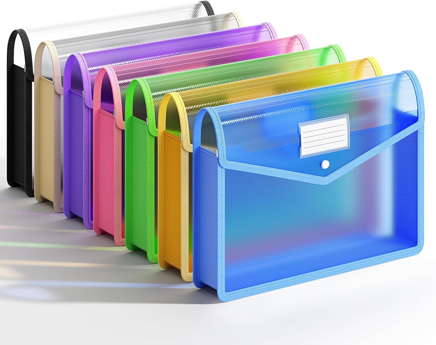7 Pack Plastic Expanding File Folder, Transparent envelopes with Snap Closure,No Dividers,Large Capacity,Assorted Colors,Bills&Taxes,Letter/A4 Size for School/Office/Home