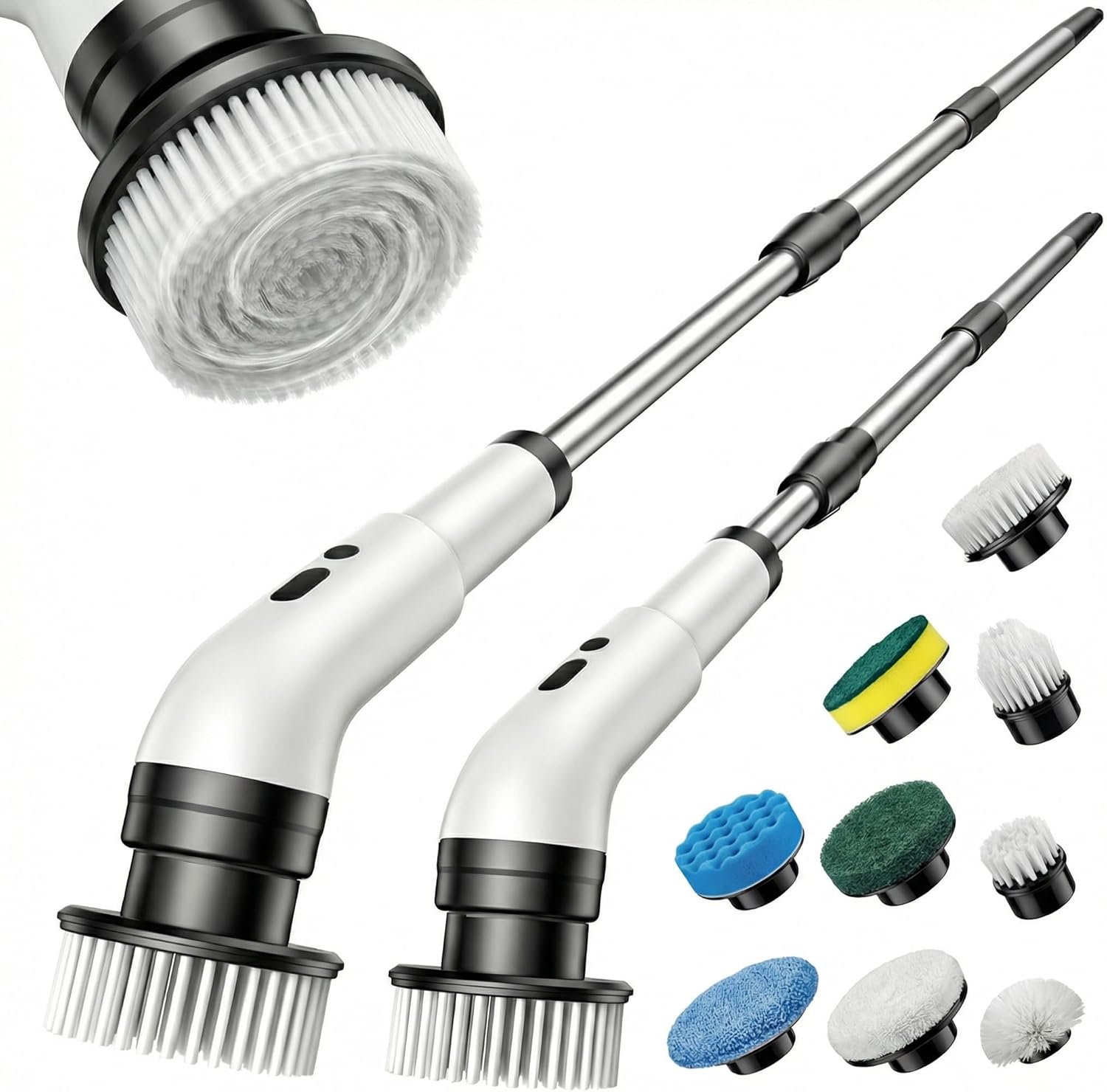 Electric Spin Scrubber, Cordless Power Scrubber for Bathroom/Shower/Tub/Tile & Grout, 9 Brush Heads, Dual-Speed, Adjustable Extension Handle, IPX7 Waterproof, USB-C Rechargeable Cleaning Tool (White)