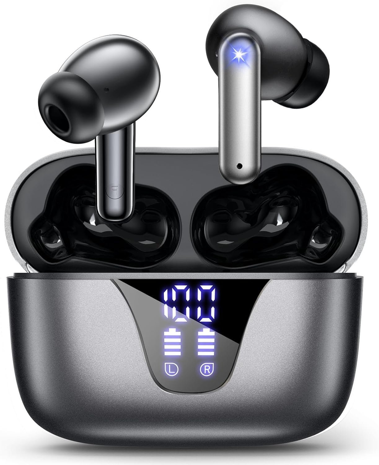 Wireless Earbuds Bluetooth Headphones, 50H Playtime Ear Buds with Mic and LED Digital Display Charging Case, IPX7 Waterproof in-Ear Earphone for iPhone Andriod Phone – Steel