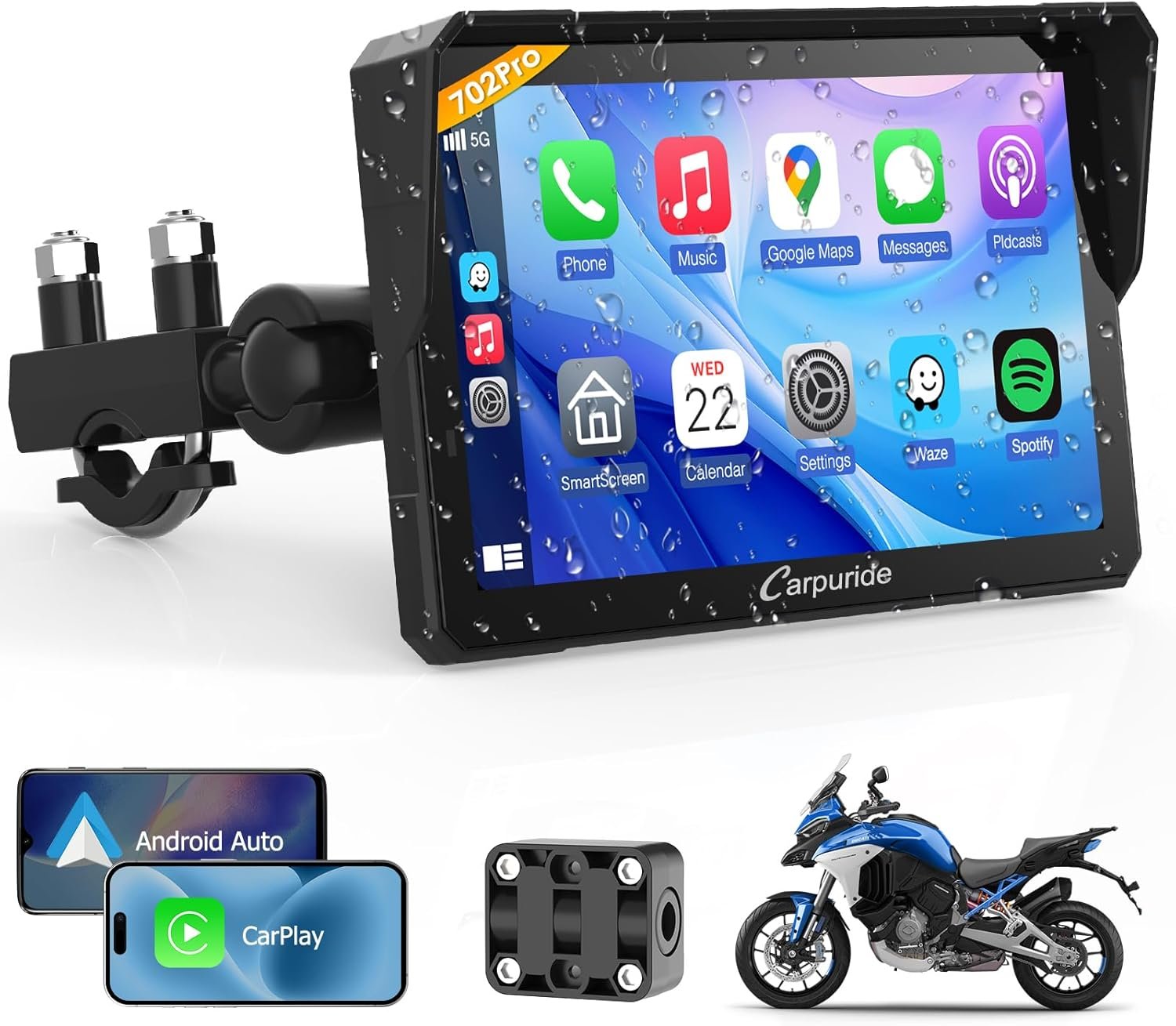 Carpuride W702PRO for Motorcycle CarPlay& Android Auto& Dual Bluetooth – 7″ Waterproof GPS Navigation Screen for Motorbike, Music Sharing, Intercom, EQ, Light Sensor, Compass, Barometer