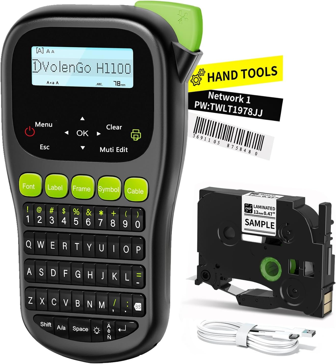 Label Maker Machine with-Tape, Wire Label Maker Waterproof-Labels, H1100 Handheld Electric Labelmaker with Keyboard, Backlit-LCD & One-Touch Key & Laminated-Tape, Home Industrial Office Organization