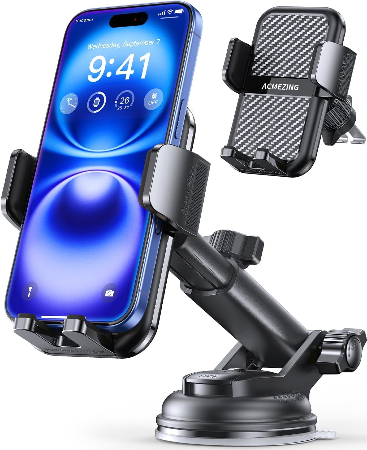 3-in-1 Car Phone Holder [122+LBS Strongest Suction & Stable Clamp Arm] 360° Adjustable Car Phone Mount, Cell Phone Holders for Your Car for Dashboard Vent, All Smartphones & Car Models