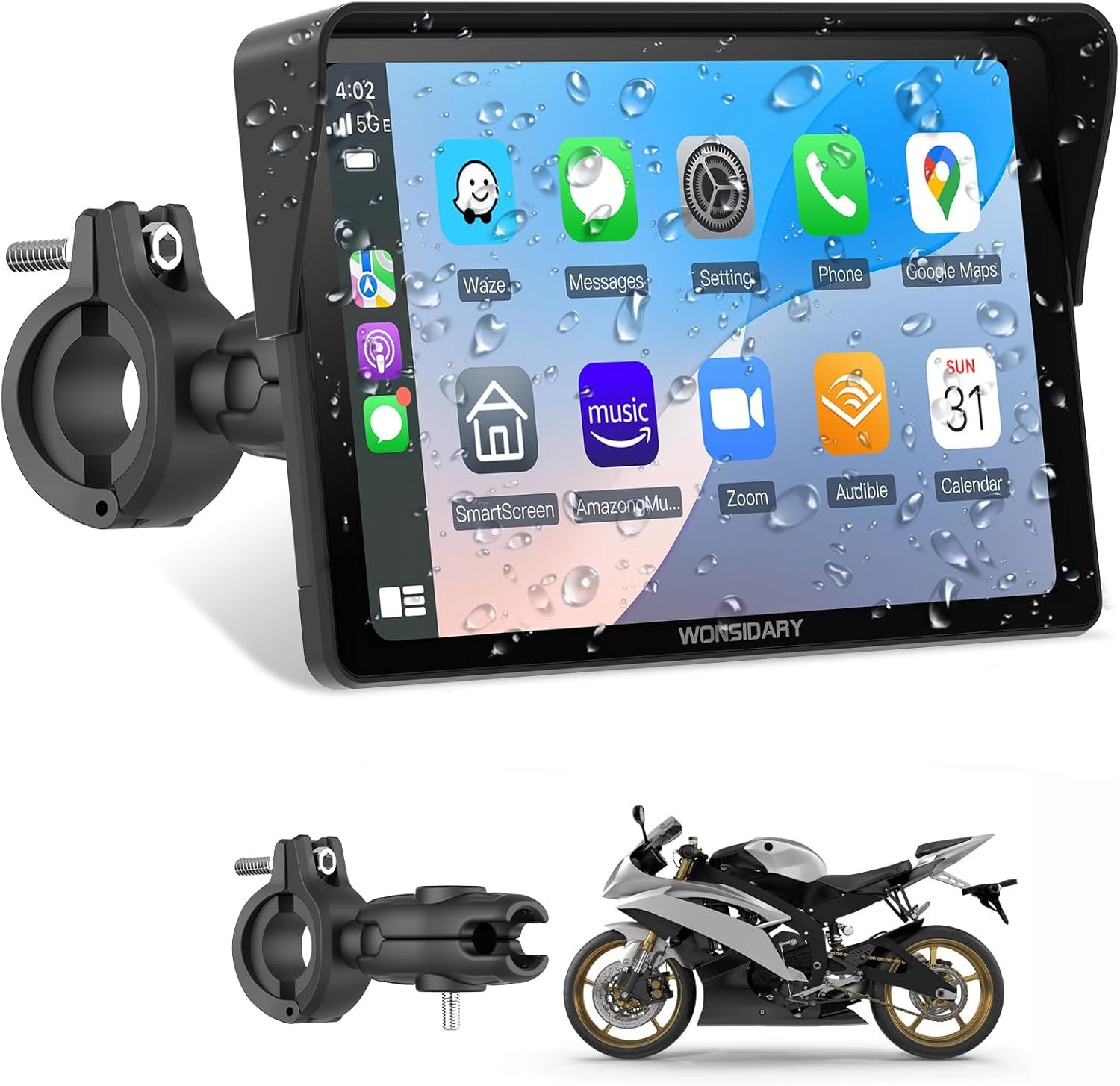 W722 for Motorcycle CarPlay & Android Auto,7″ Waterproof Smart GPS Navigation System Screen,Car Play Moto with Light Sensor,Dual Bluetooth,Siri/G-Assist,EQ,USB/Hardwired Power Supply