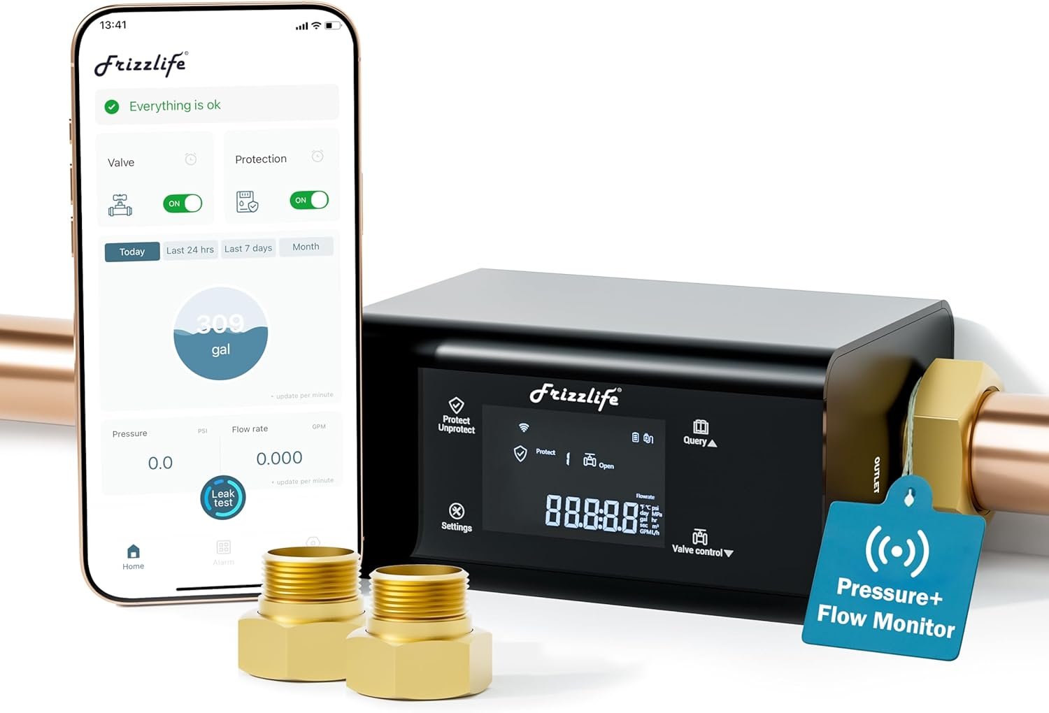 Frizzlife LP365-P Smart Water Monitor and Automatic Shutoff – 0.01 GPM Ultrasonic Micro Leak Detection, Wi-Fi / APP Control, Pressure+Flow Monitoring, 24/7 Water Usage Reports, Fits 3/4″ and 1″
