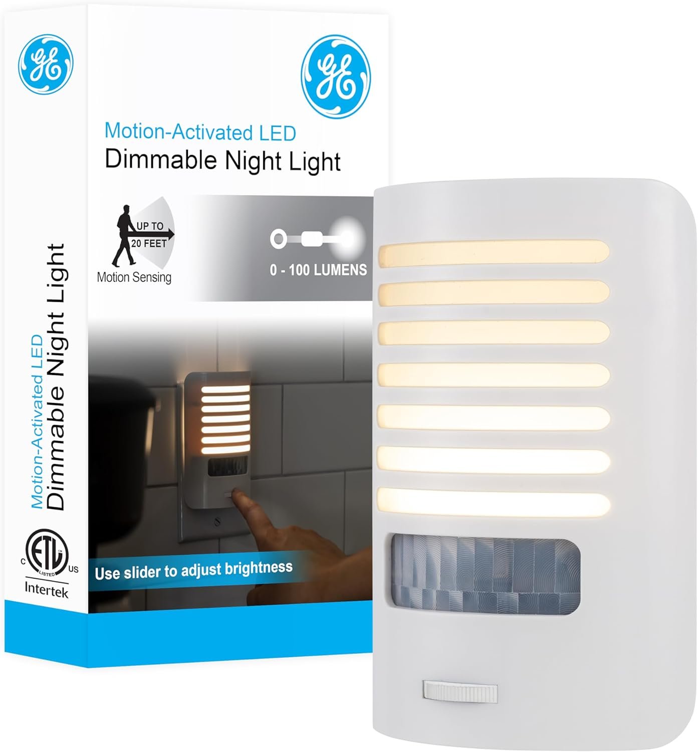 GE LED Night Light, Motion Sensing, Dimmable, Louver Shade, White, Plug-in, UL-Certified, Ideal Nightlight for Bedroom, Bathroom, Kitchen, Hallway and More, 67555