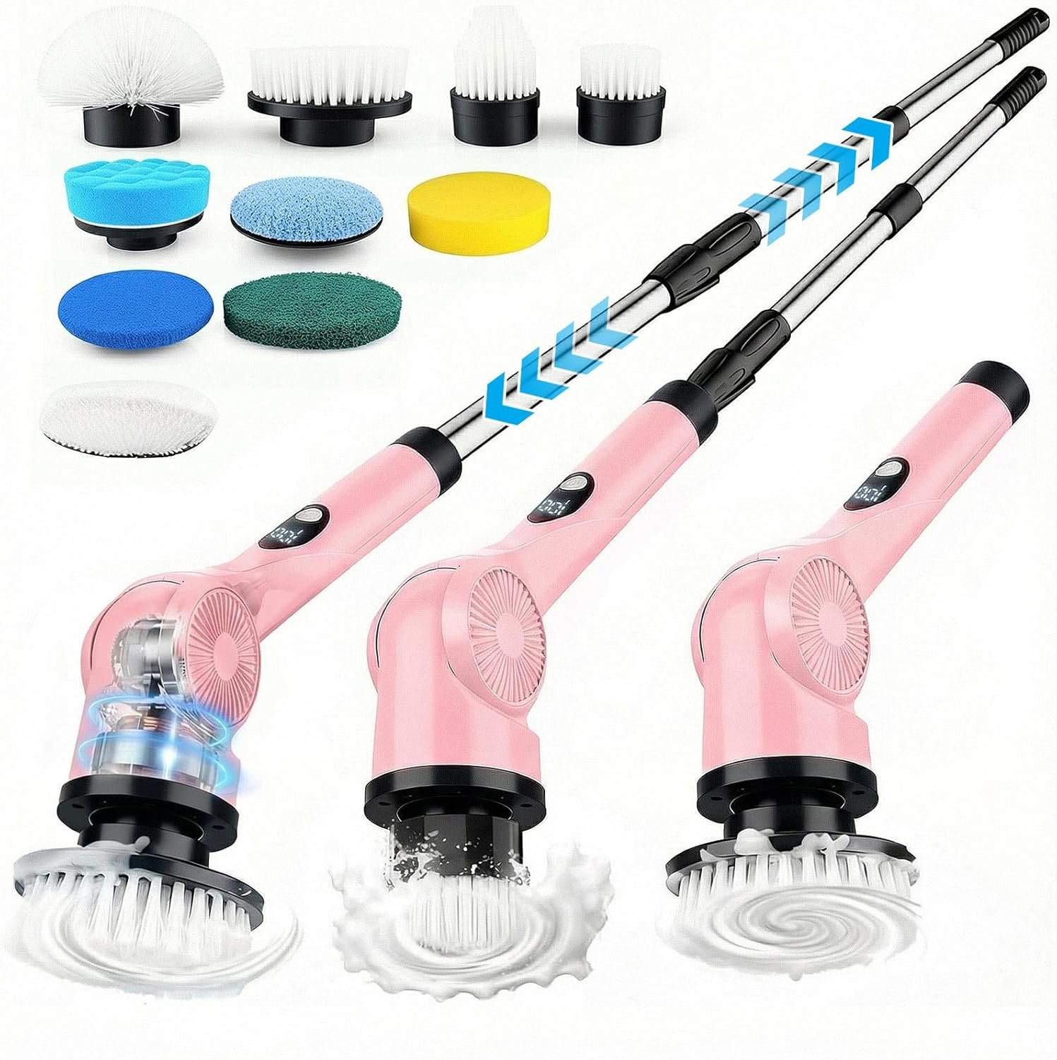 Electric Spin Scrubber, 3-Speed Cordless Shower Scrubber with 90° Adjustable & 10 Replaceable Brush Heads, 90 Mins Runtime & Full-Body IPX7 Waterproof Shower Cleaner Brush with Long Handle