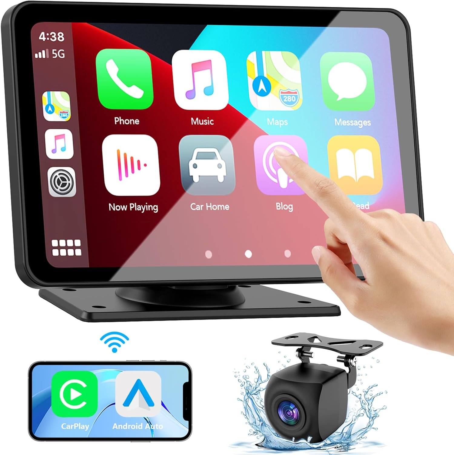 Carplay Screen for Car, 7″ HD Wireless Portable Car Play Touchscreen Stereo with Android Auto Mirror Link/Backup Camera/GPS Navigation/Satellite Radio for All Vehicles