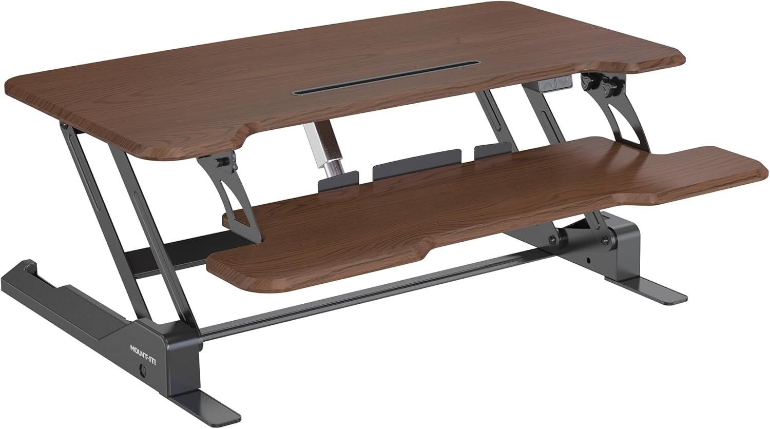 Mount-It! Electric Standing Desk Converter with 38″ Tabletop, Height Adjustable Desk Riser, Motorized Desk Riser with Keyboard Tray and Device Slot, Fits Monitor & Laptop, Dark Walnut