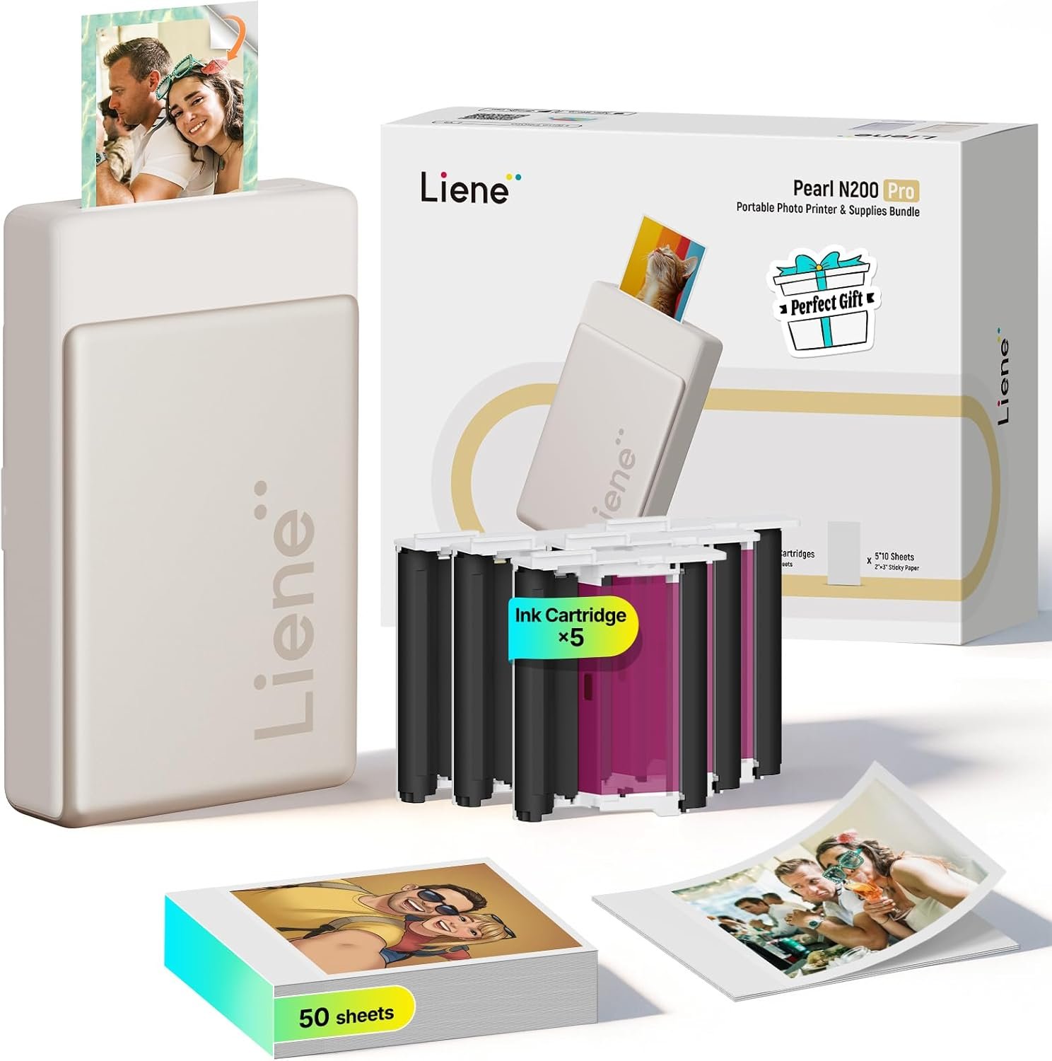 Liene Pearl N200 Pro Portable AI Photo Printer, Instant Mini Picture Printer for iPhone Smartphone, Thermal Dye Sublimation, Bluetooth Sticker Maker 50 Sheets 2×3 Adhesive Paper & 5 Cartridges, Gold