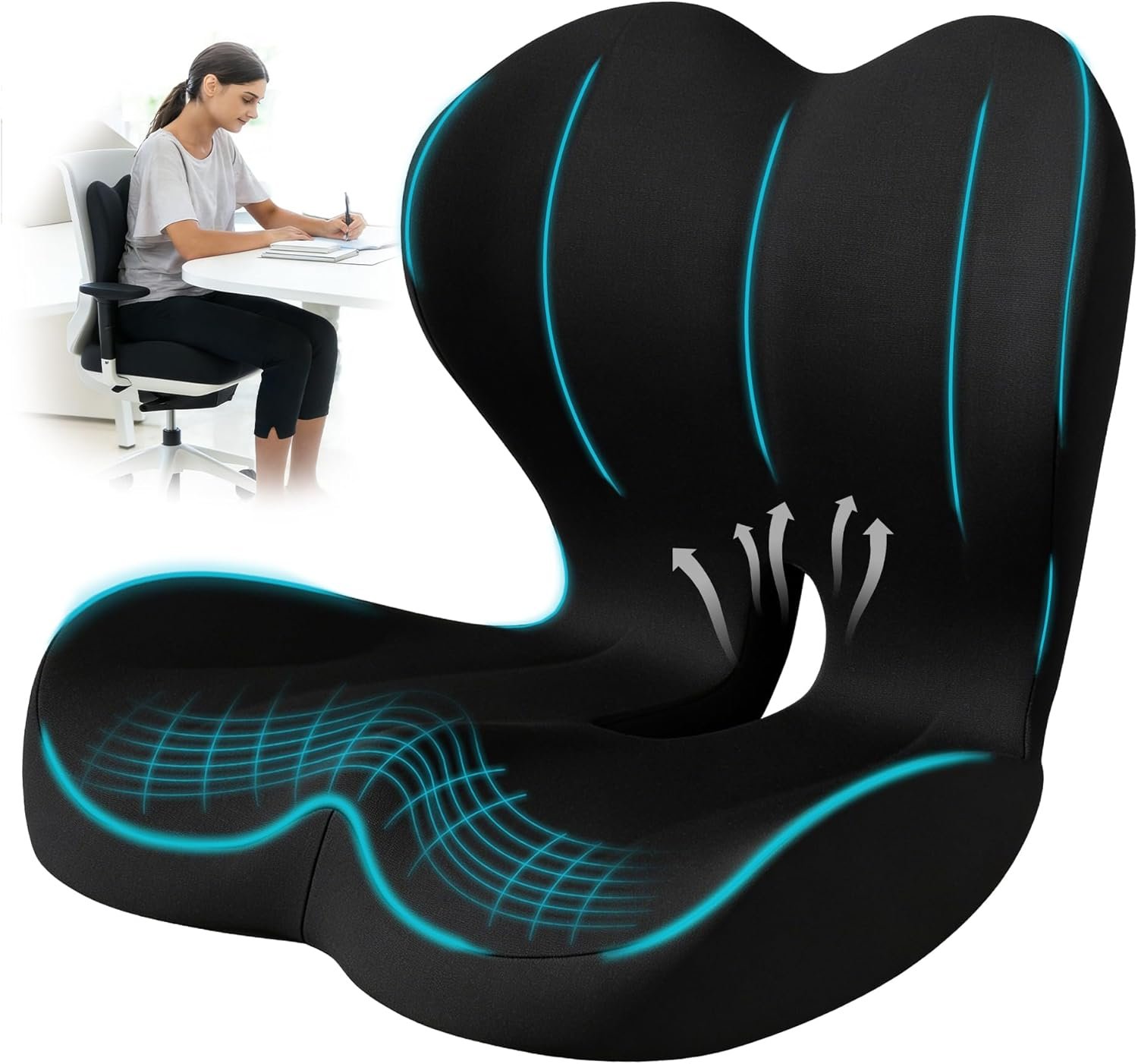 Seat Cushion for Office Chair and Car, Lumbar Support Pillow for Office Chair, Memory Foam Ergonomic Seat Cushion for Long Sitting, Back & Tailbone Pain, Sciatica – Black