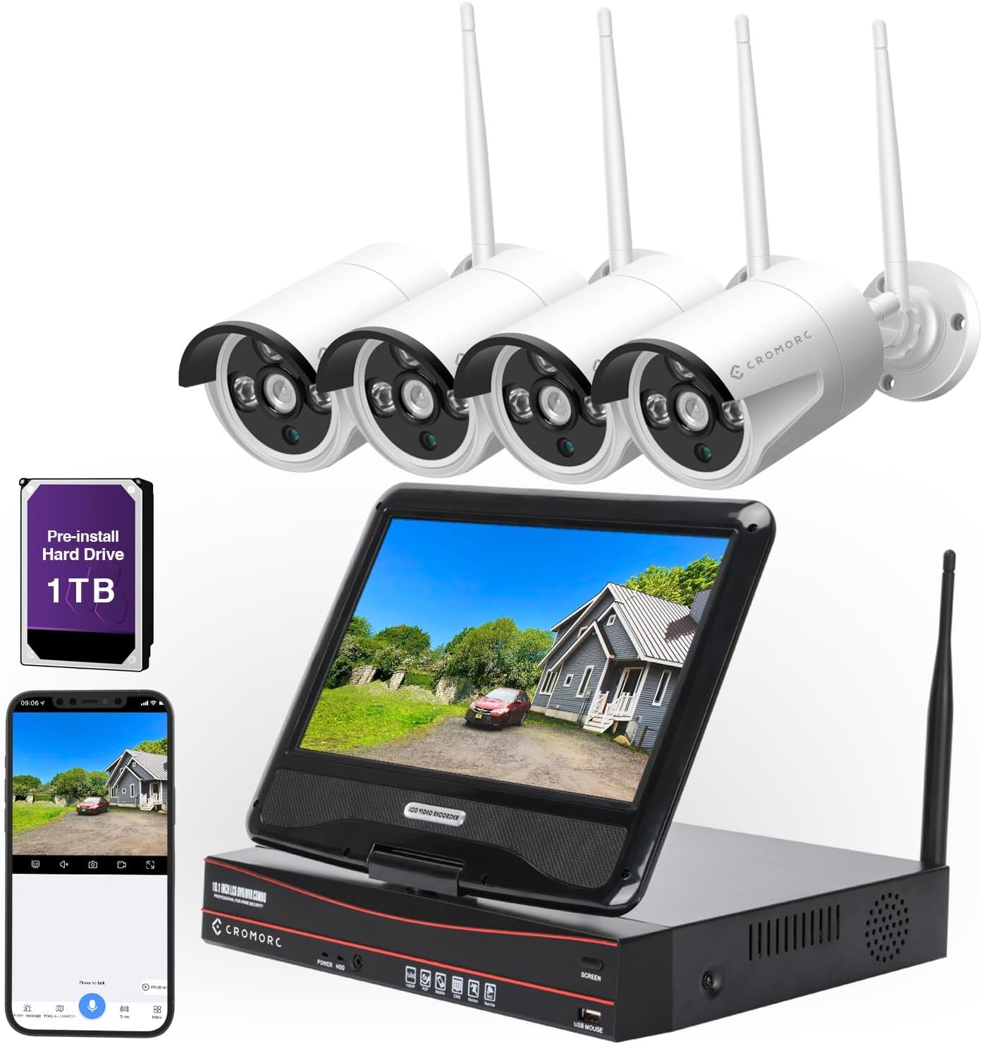 10CH Expandable Wireless Security Camera System with 10.1″ Monitor 4pcs 5MP Indoor Outdoor Camera 1-Way Audio Night Vision Motion Detection Home Business CCTV Surveillance 1TB HDD