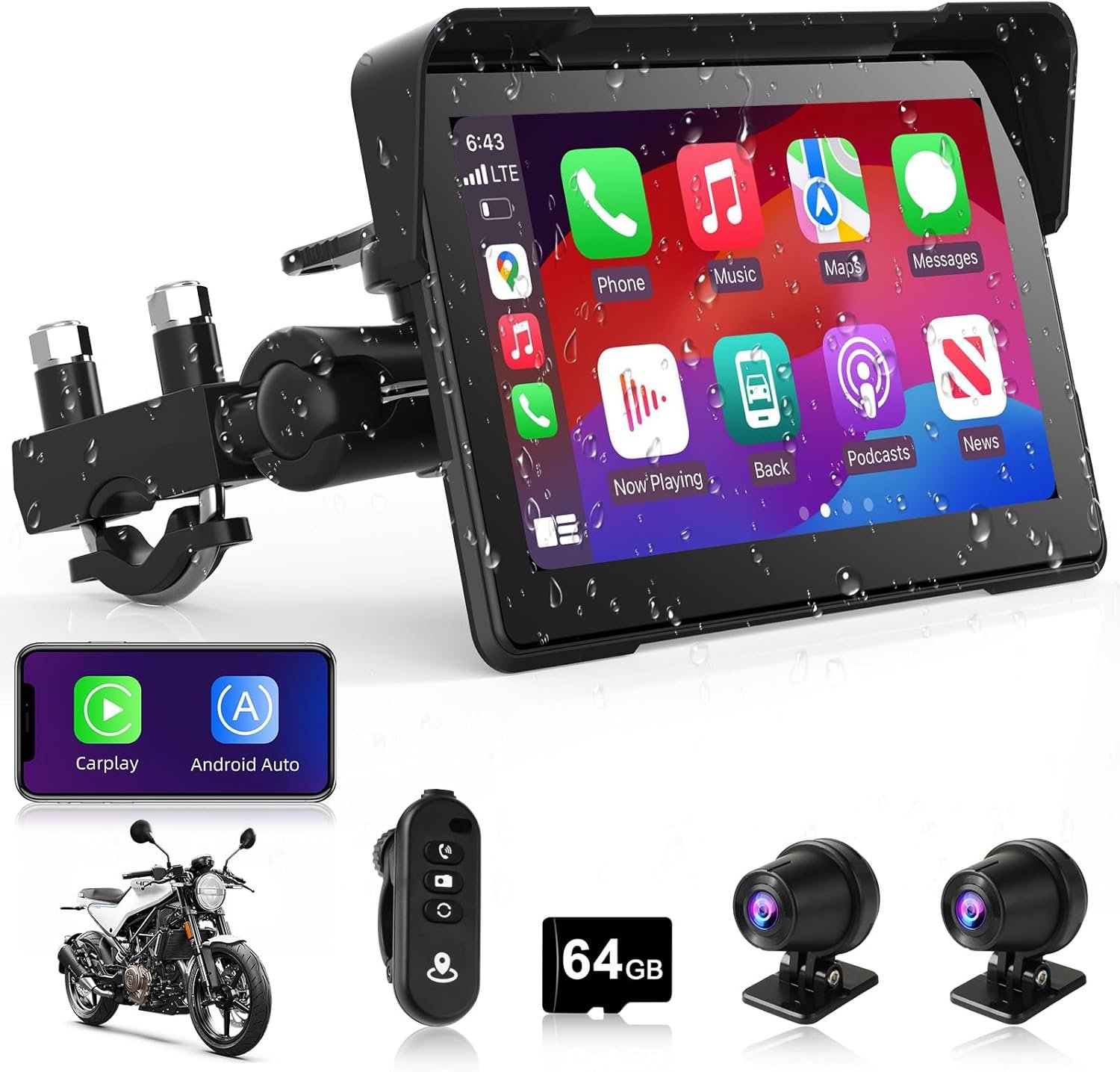 7″ Motorcycle Carplay Motorcycle w Dual 2K Dash Cam Wireless Apple Carplay Android Auto Screen with GPS Navigation for Motorcycles Voice Control Light Sensor Bluetooth TF-64G IP67 Waterproof