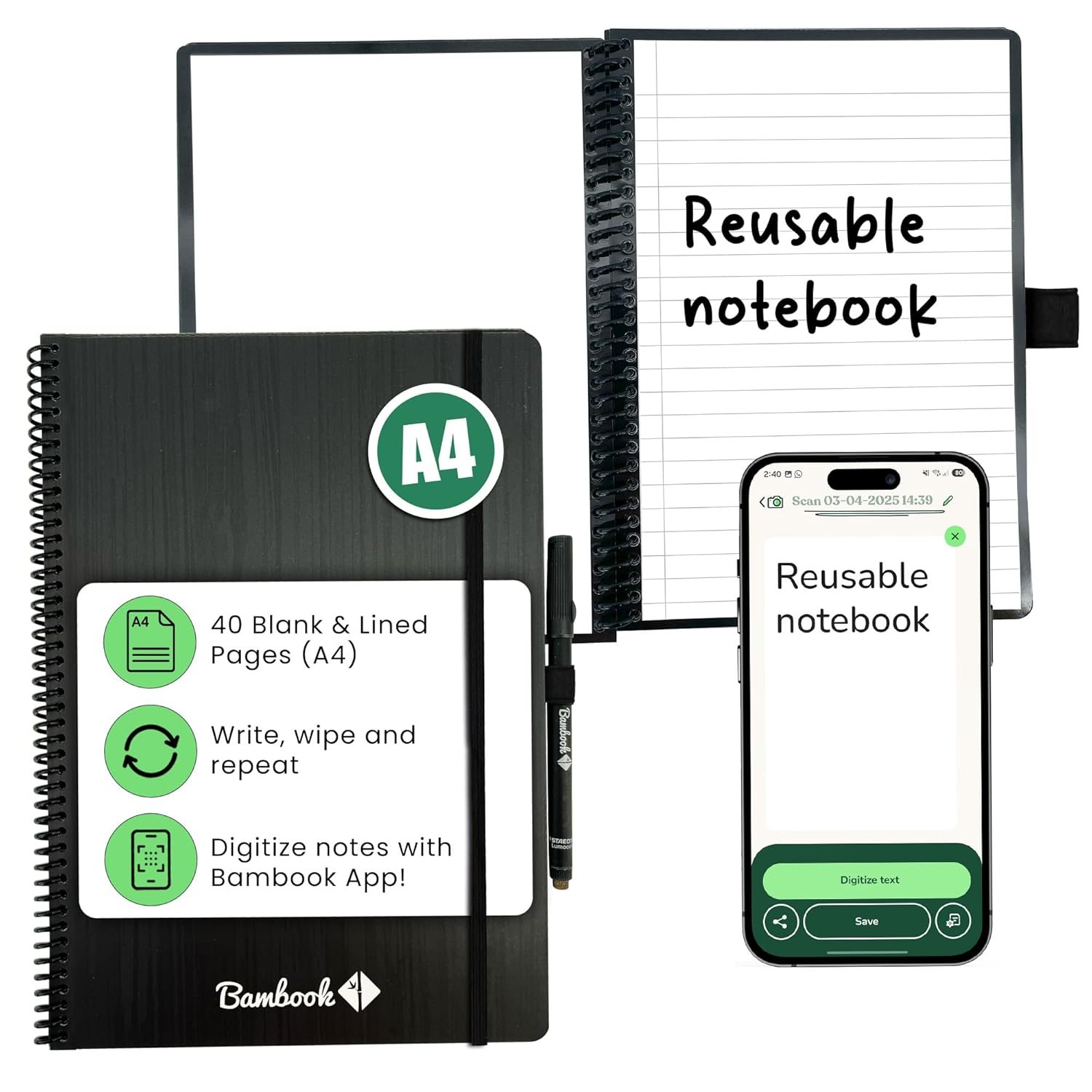 Bambook Classic Notebook Original – A4 – Blank & Lined, Reusable Notebook, Notepad, Reusable Notebook