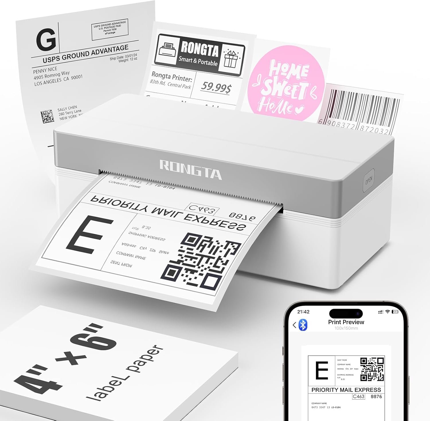 Rongta Shipping Thermal Label Printer, Bluetooth 4×6 Sticker Label Maker Wireless Shipping Label Printer for Package Small Business Compatible with Windows macOS Android iOS (White)