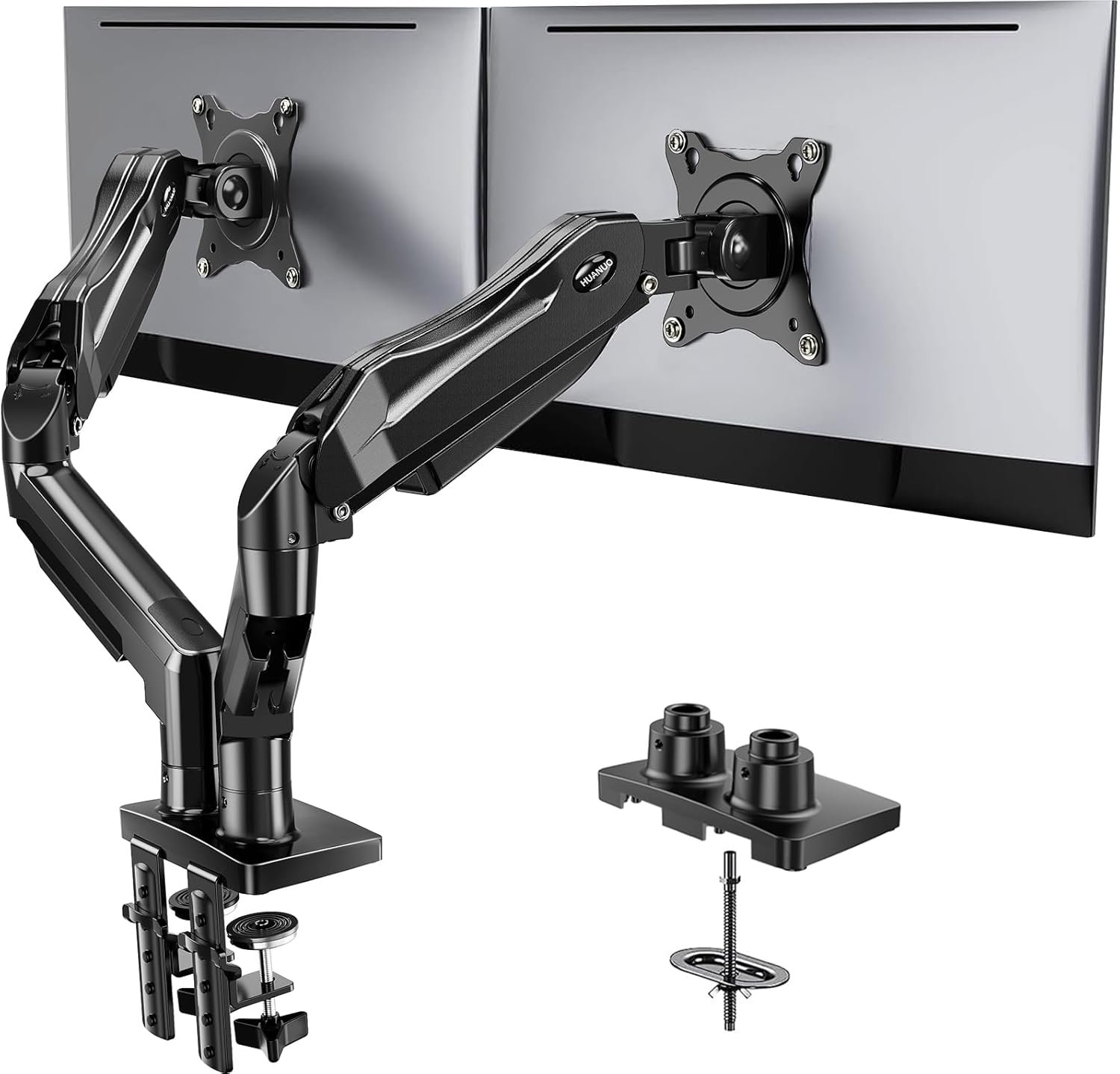 HUANUO FlowLift™ Dual Monitor Stand, Fully Adjustable Gaming Monitor Desk Mount for 13–32″ Computer Screens, Full Motion VESA 75×75/100×100 with C-Clamp & Grommet Base, Each Arm Holds 4.4 to 19.8 lbs