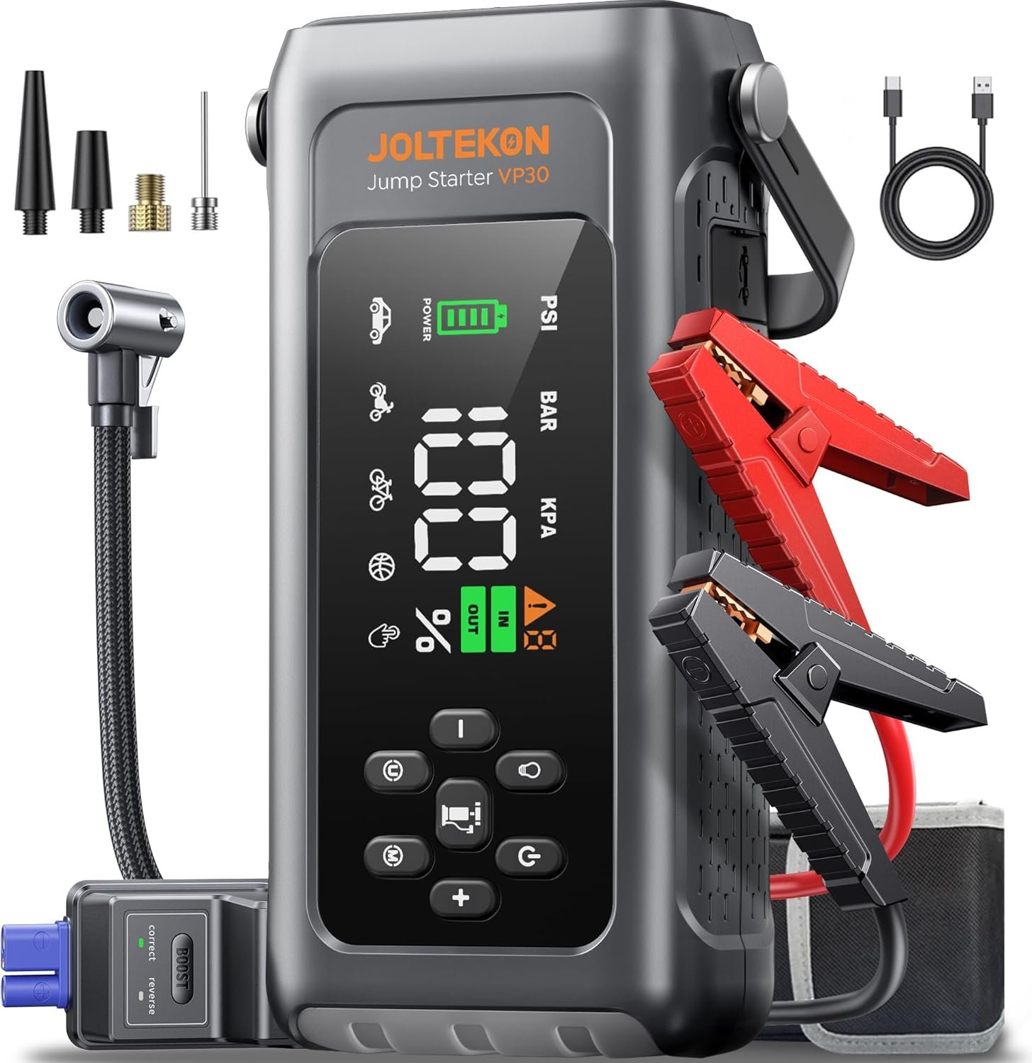 Car Battery Jump Starter with Air Compressor 4500A 150PSI, Car Jumper Starter Portable (9L Gas/8L Diesel), Jump Box Car Battery with Auto-Shutoff Tire Inflator, Jumper Cables and Light