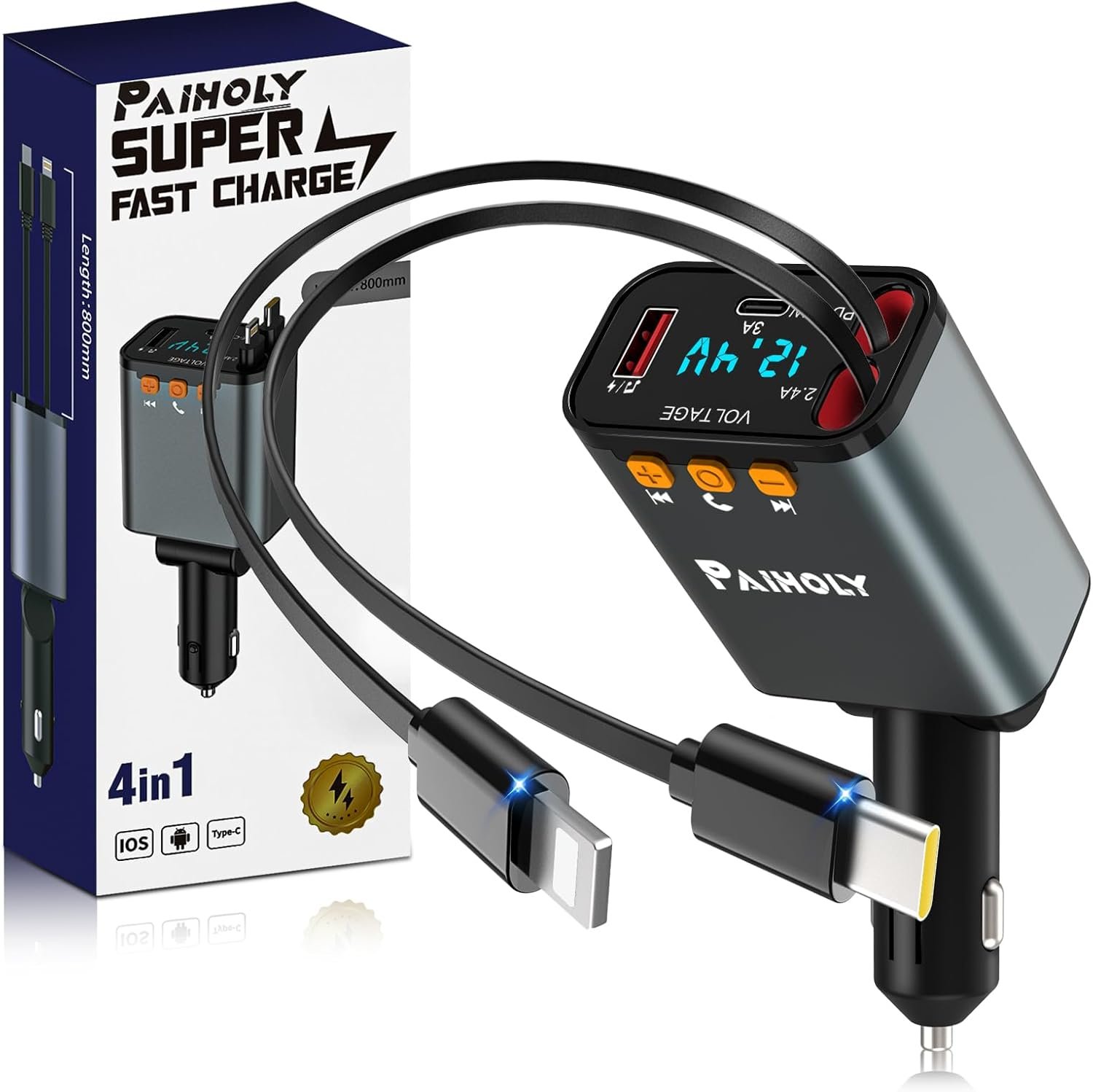 Bluetooth 5.3 Car Adapter, FM Transmitter Bluetooth Car Charger, 4 in 1 Retractable Car Charger, Phone USB C PD Fast Charging Adapter for RV SUV Truck, Fit iPhone 17/16/15/14 (Type C & Lightning)
