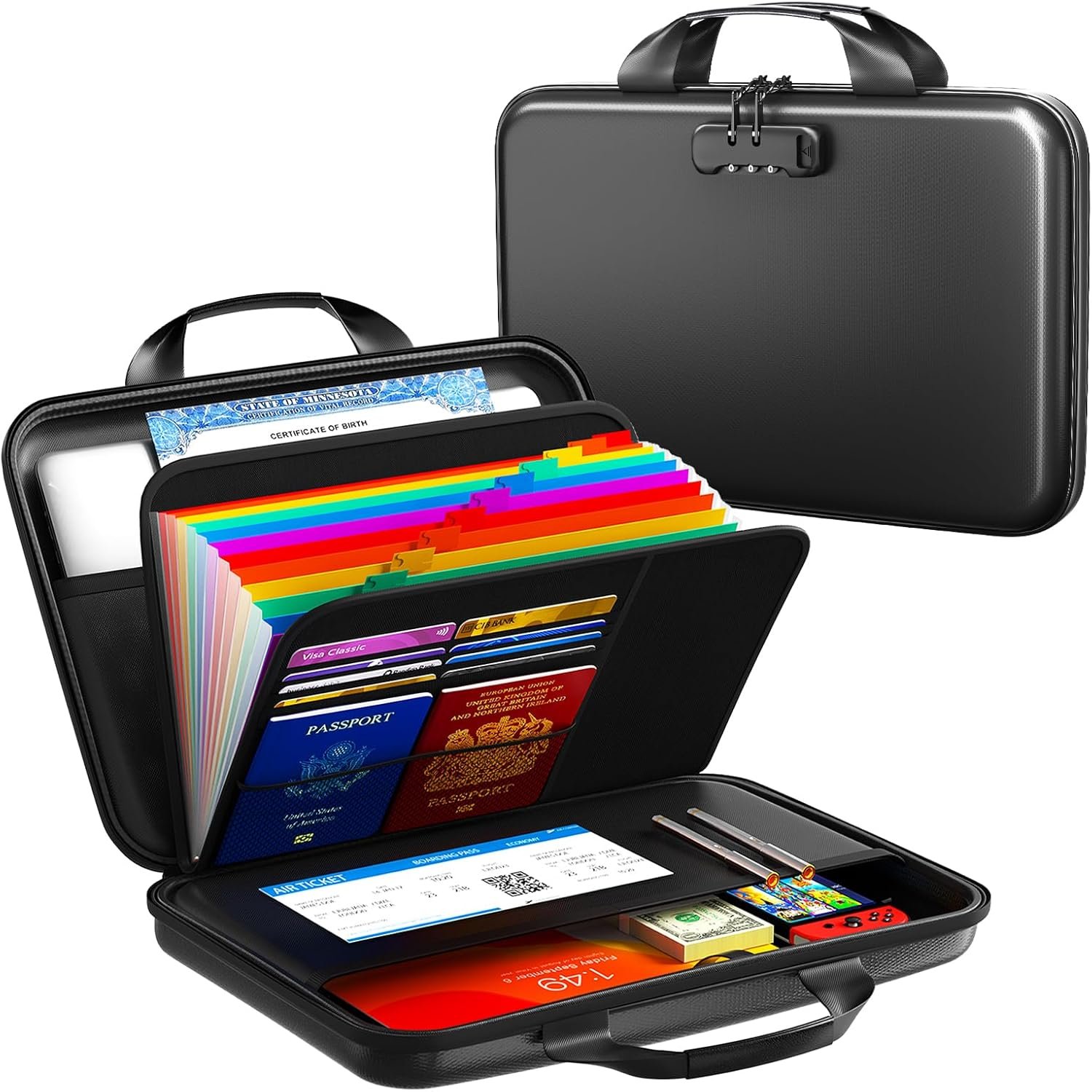 Fireproof Document Organizer with Lock, Rigid EVA File Box with 13-Pocket Accordion Folder for Important Documents & Tablets under 11″, Lightweight Safe Storage for Home, Office & Travel (Small Size)
