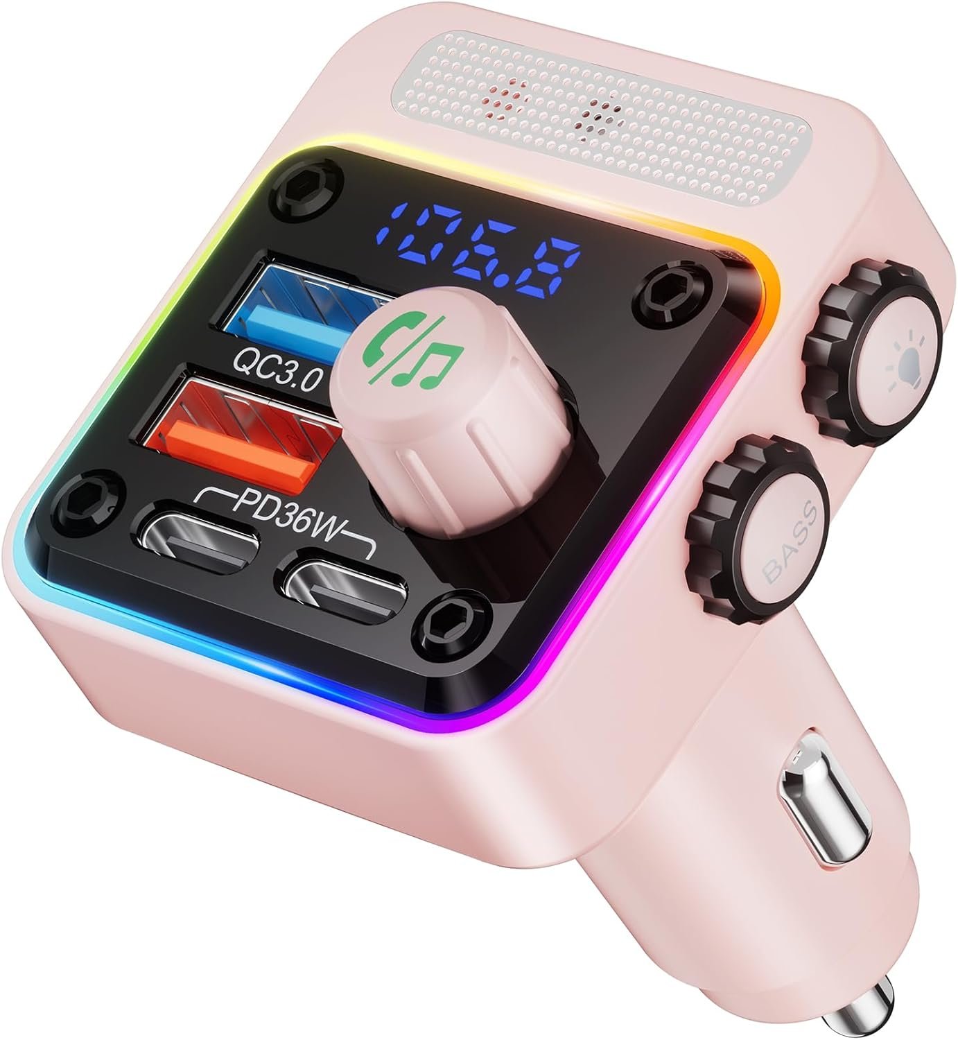 Nulaxy 54W Bluetooth 5.3 Car Adapter with 4 Charging Ports [PD 36W & QC3.0 18W], Wireless Radio FM Transmitter with Deep Bass Player & 5 Colors LED Backlit, Hands-Free Calling – Pink