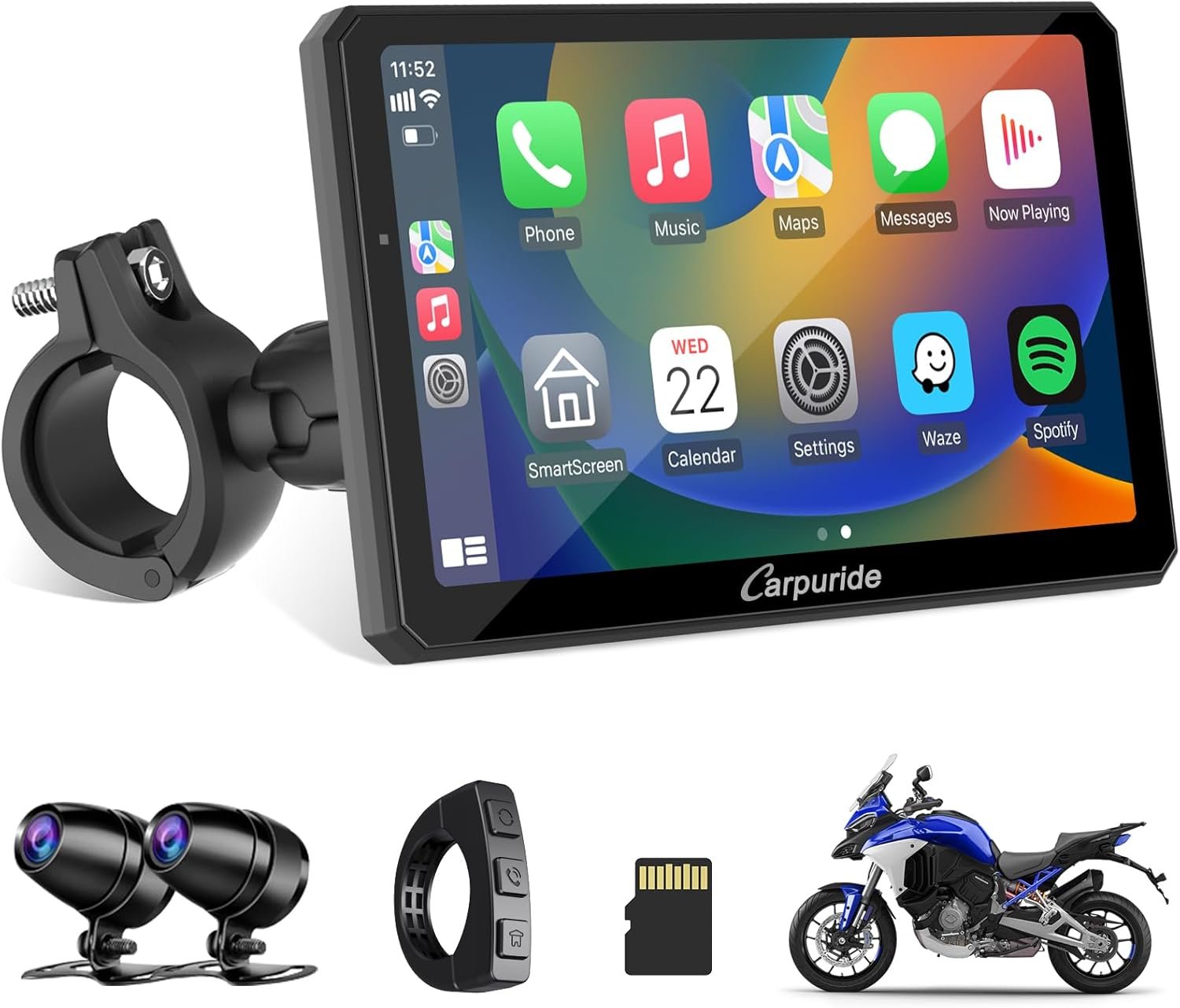 Carpuride W712D Motorcycle Carplay Screen with HD 1080 Dual Dash Cam, Wireless Car Play and Android Auto, 7″ Waterproof Rotatable Navigation Touchscreen, Loop Recording, Bluetooth, Wired Controller