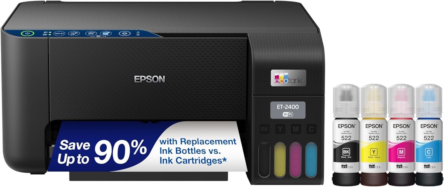 Epson EcoTank ET-2400 Wireless Color All-in-One Cartridge-Free Supertank Printer with Scan and Copy – Easy, Everyday Home Printing, Works with Alexa