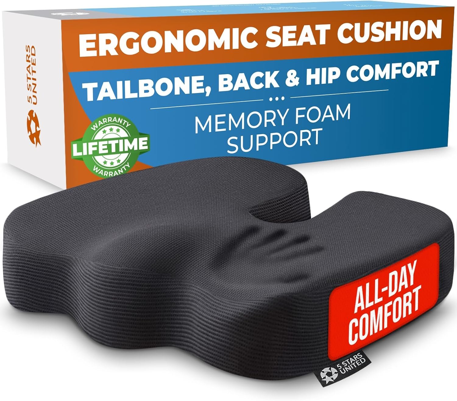5 STARS UNITED Seat Cushion – Memory Foam Chair Cushion for Tailbone Pain Relief – Ergonomic Support for Coccyx, Sciatica & Butt – Office, Desk & Gaming Chair, Car Seat, Wheelchair, Airplane, Black