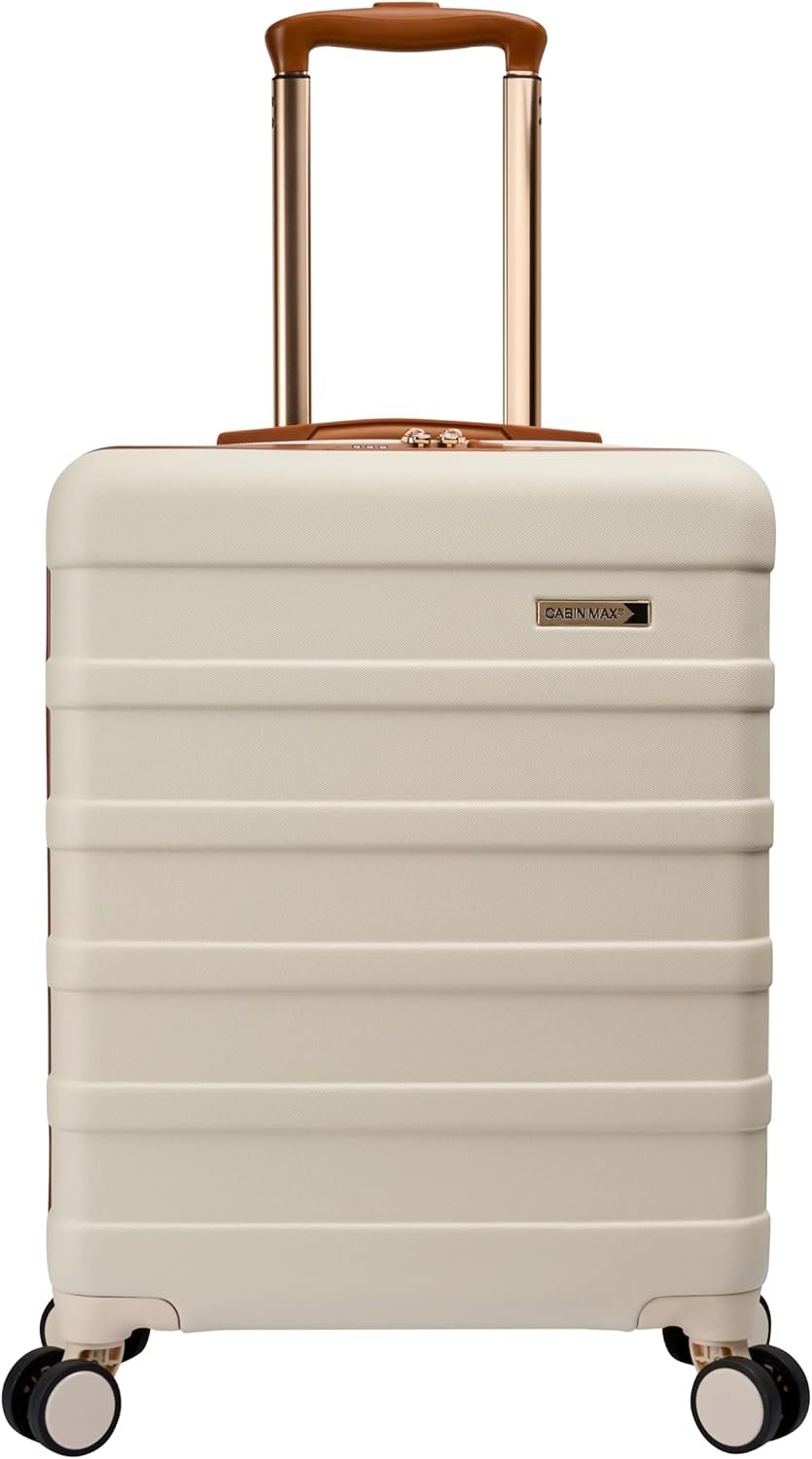Cabin Max Anode 44L 55x40x20cm Carry on Hand Luggage Suitcase – Lightweight, Hard Shell, 4 Wheels, Smart USB Port, 3 Digit Combination Lock, Cream