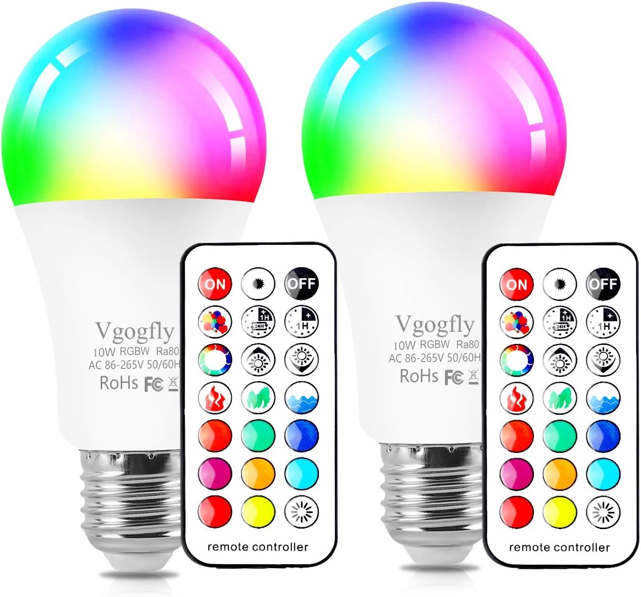 Vgogfly RGB Led Light Bulbs 10W Color Changing Light Bulb with Remote Control 5000k Daylight White (2 Pack) Remove Battery Separator Before Use