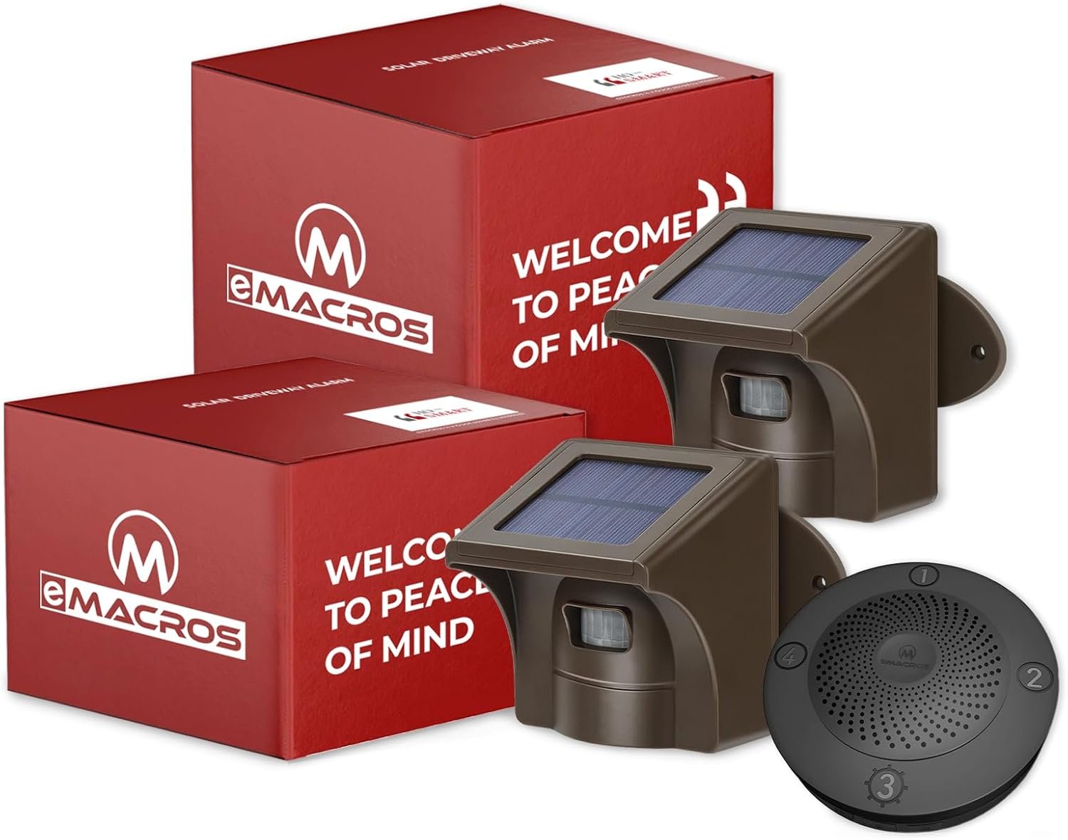 eMACROS Solar Wireless Driveway Alarm System (1/2 Mile Range, 1 Receiver & 2 Solar Sensors) – Weatherproof Outdoor Motion Detector for Farm, Long Driveway & Property Security