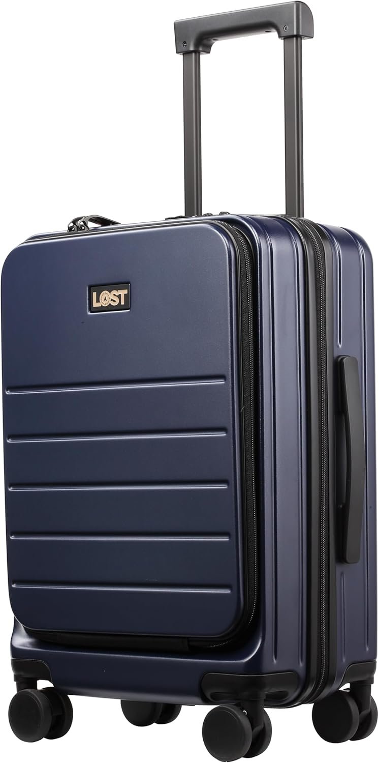 LOST Luggage Wander Carry-On Suitcase – TSA Approved – Ultra-Durable Polycarbonate Shell – USB Charging Port – Interior Organization + Water-Resistant Pocket – 360° Wheels (Midnight)