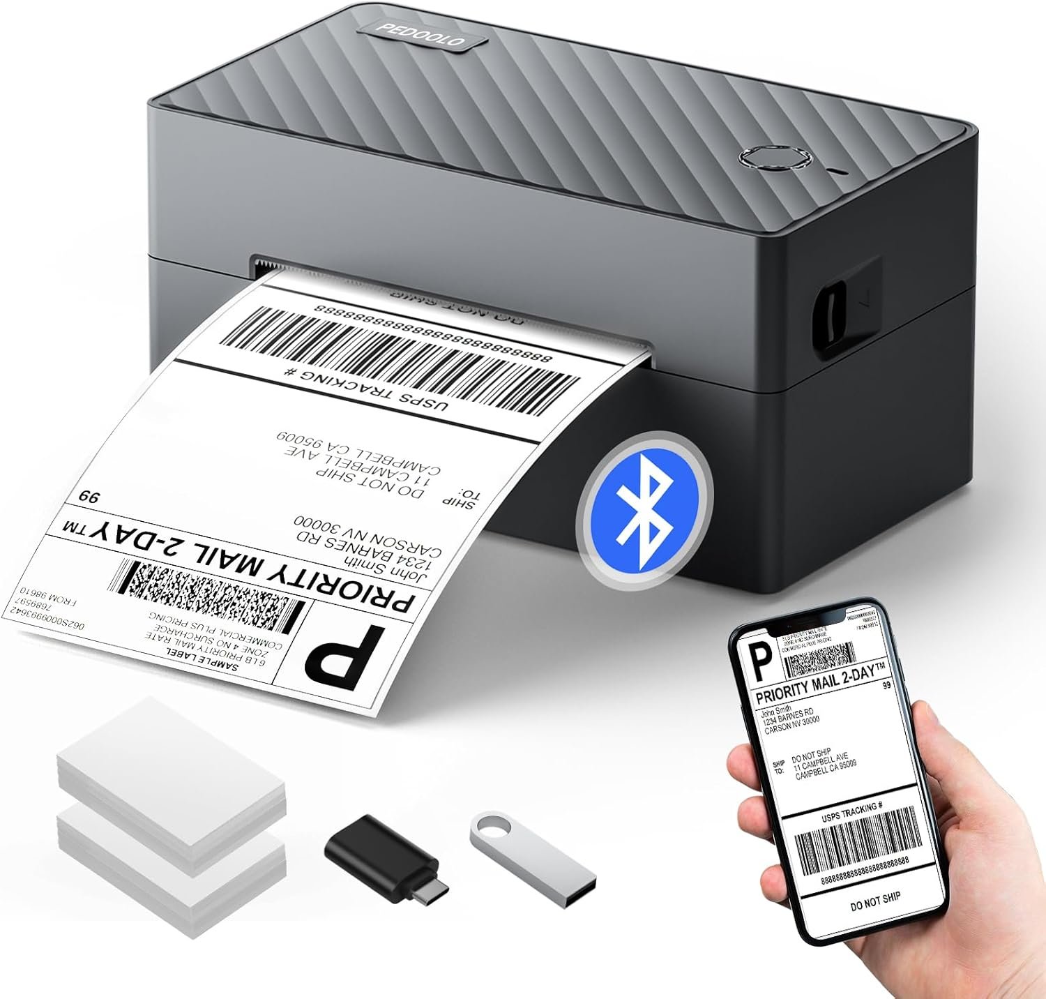 PEDOOLO Label Printer, 4×6 Shipping Label Thermal Printer for Packages, Bluetooth Conection and Compatible with Android, iPhone, Windows, Mac, Chromebook, Amazon, UPS, USPS, FedEx, Shopify