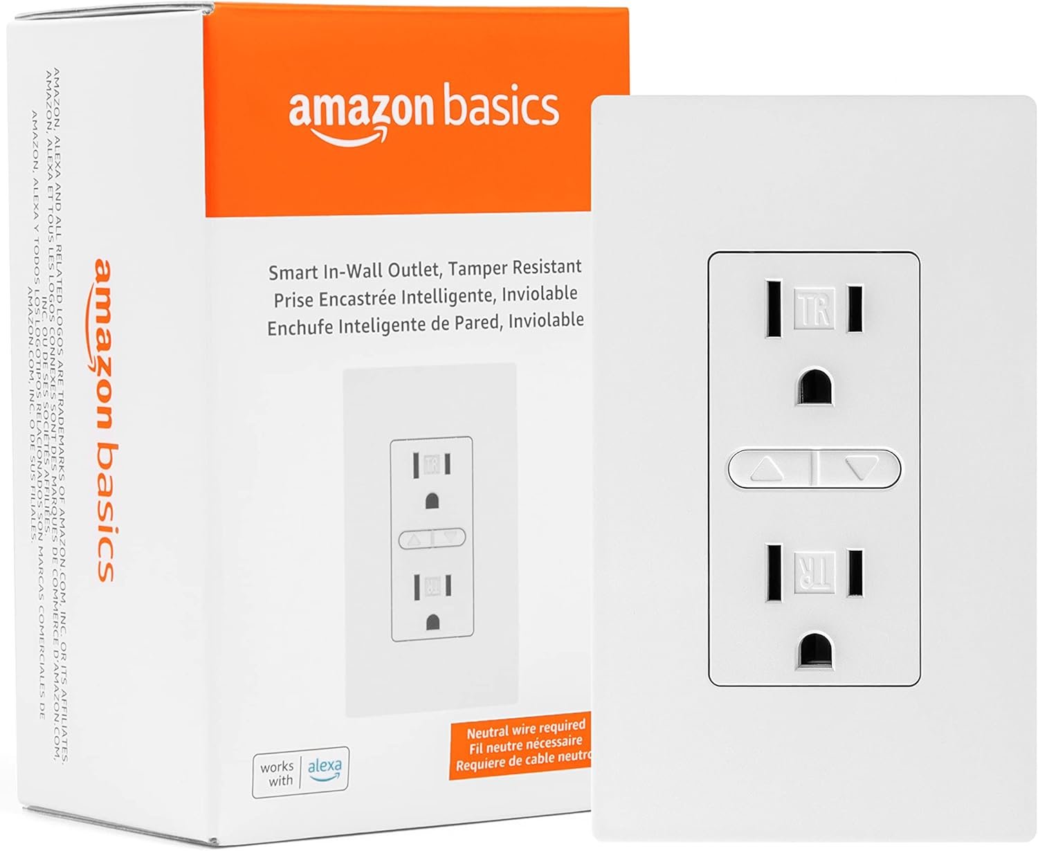 Amazon Basics Smart In-Wall Outlet, Works with Alexa Only, Individually Controlled Outlets, Voice Control, WiFi, 15 Amps, 2.4 GHz, No Hub Required, White