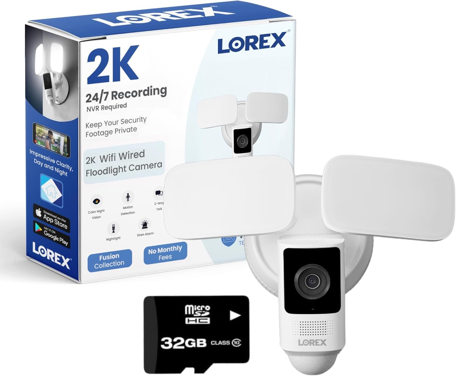 Lorex 2K Wi-Fi Floodlight Security Camera | White | 32GB MicroSD Card Included | No Monthly Fee | Color Night Vision | Motion Detection | 2-Way Talk | Siren | IP65 Weatherproof | Adjustable LEDs