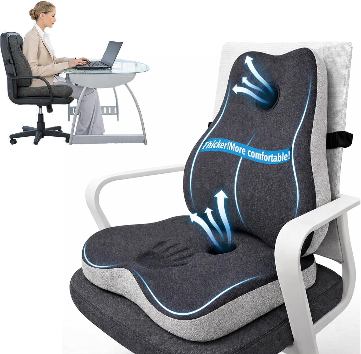 Seat Cushion and Lumbar Support for Office Chair, Memory Foam Chair Cushion for Back and Butt, Ergonomic Set for Tailbone, Sciatica & Back Pain Relief